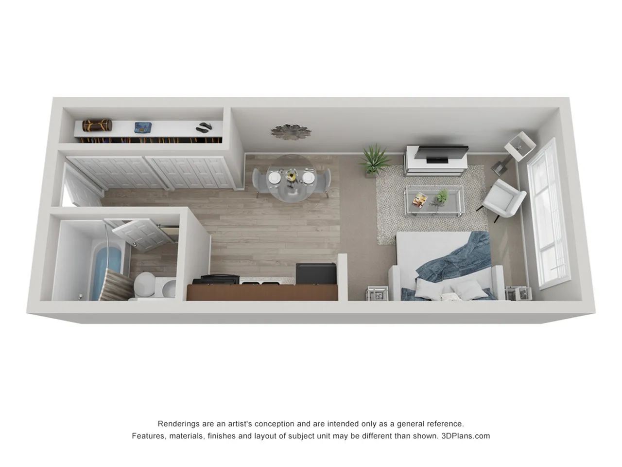 Modern studio apartment layout with open-concept living area, cozy sleeping space, compact kitchen, and bathroom.