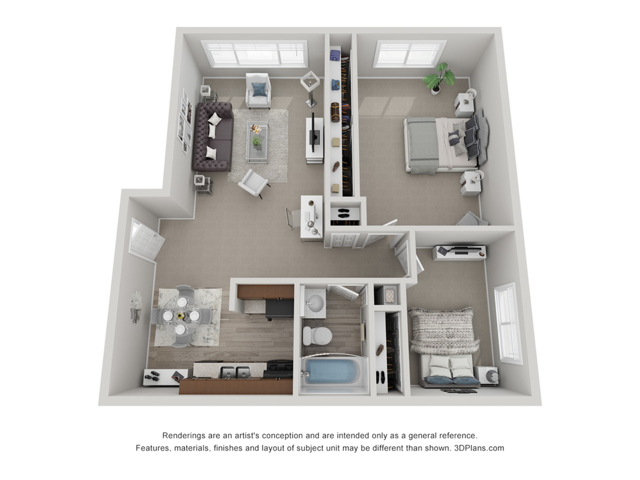 2 bedroom floor plan featuring two spacious bedrooms, a comfortable living area, stylish dining space, and a sleek kitchen. Ideal for a cozy lifestyle.