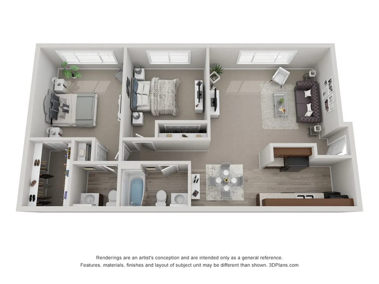 Modern 3D floor plan showcasing a cozy 2-bedroom apartment with a stylish kitchen, inviting living room, and two bathrooms.