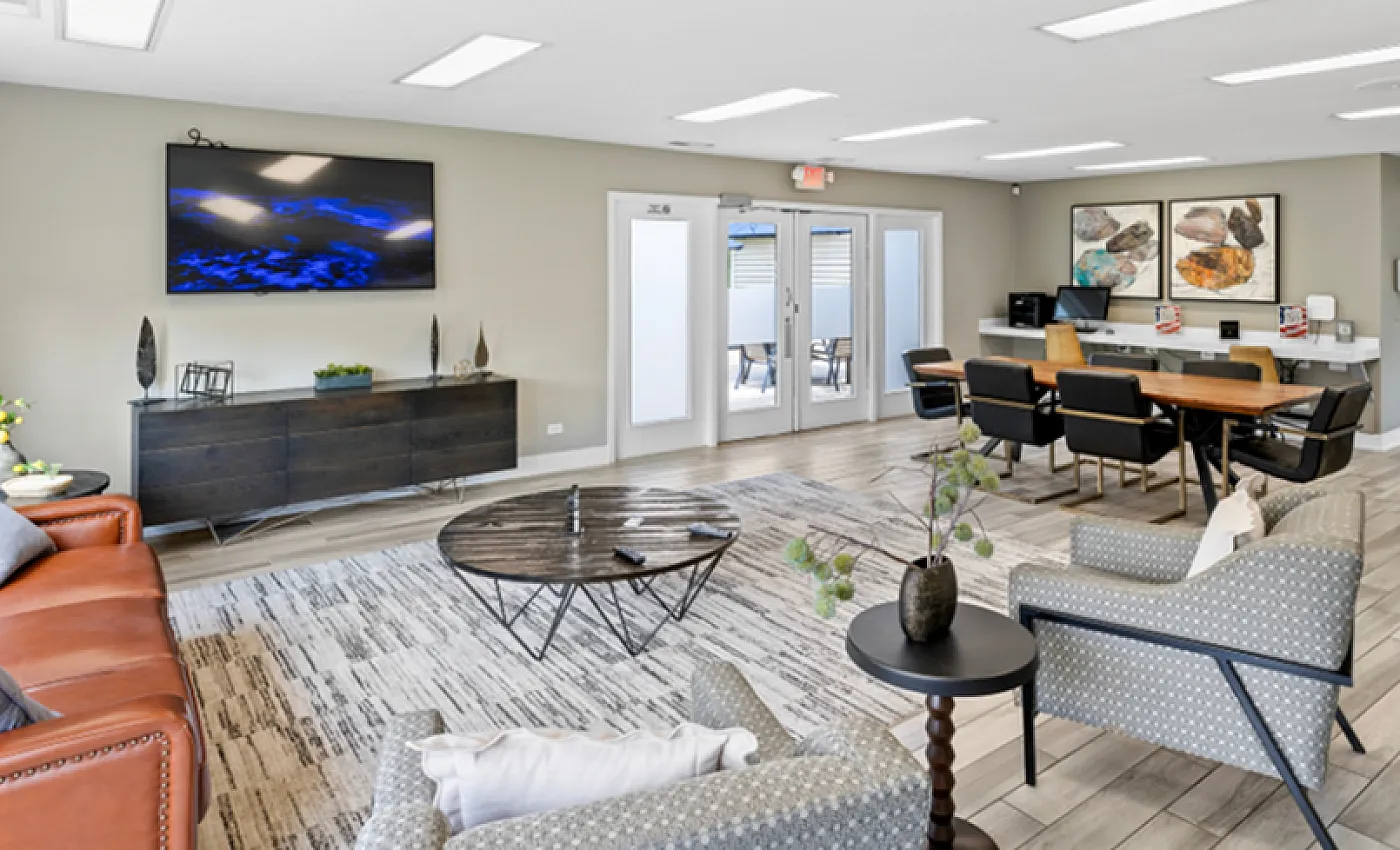 Contemporary lounge area with stylish seating, sleek TV setup, and communal workspace, perfect for relaxation and productivity.