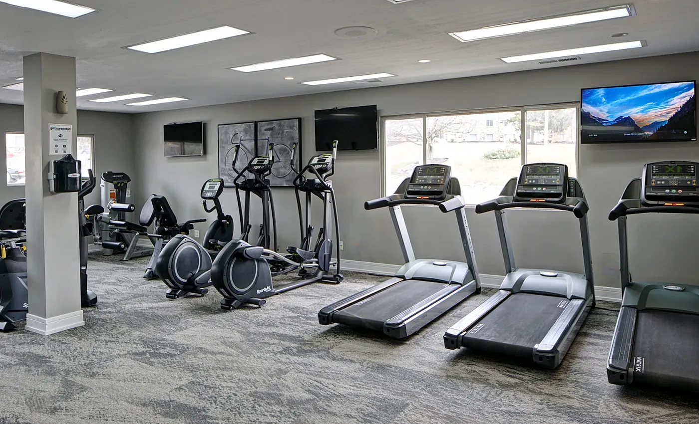 Contemporary fitness center with treadmills, exercise bikes, and elliptical machines, featuring large windows and modern design.