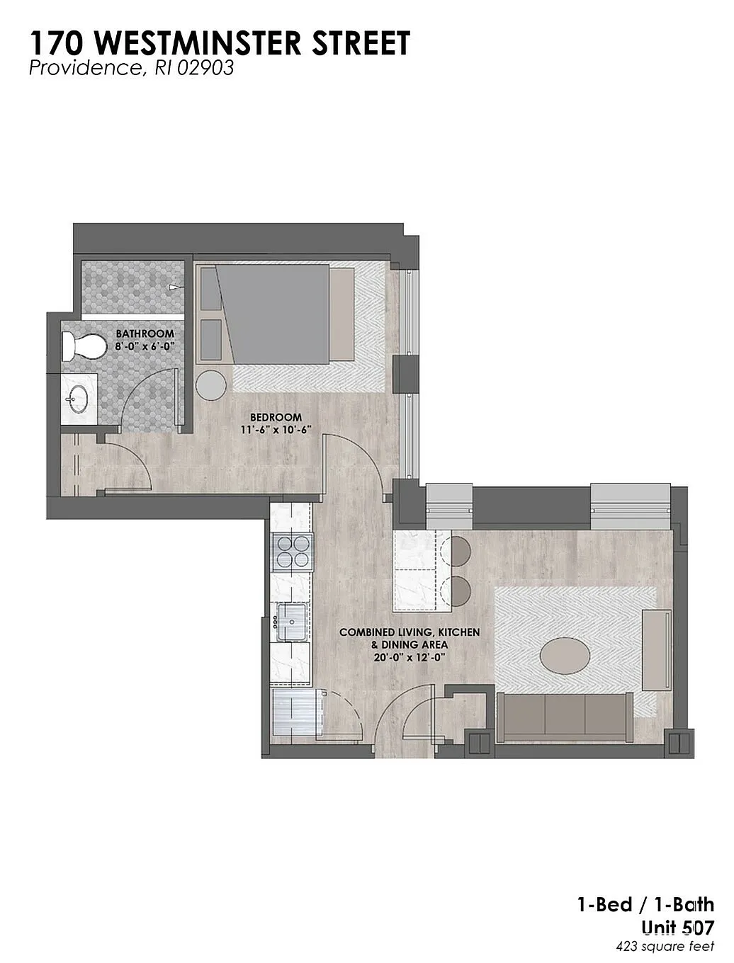 Elegant floor plan of 170 Westminster Street showcasing a 1-bedroom, 1-bath unit with a spacious combined living, kitchen, and dining area in Providence, RI. Cozy and modern at 423 square feet.