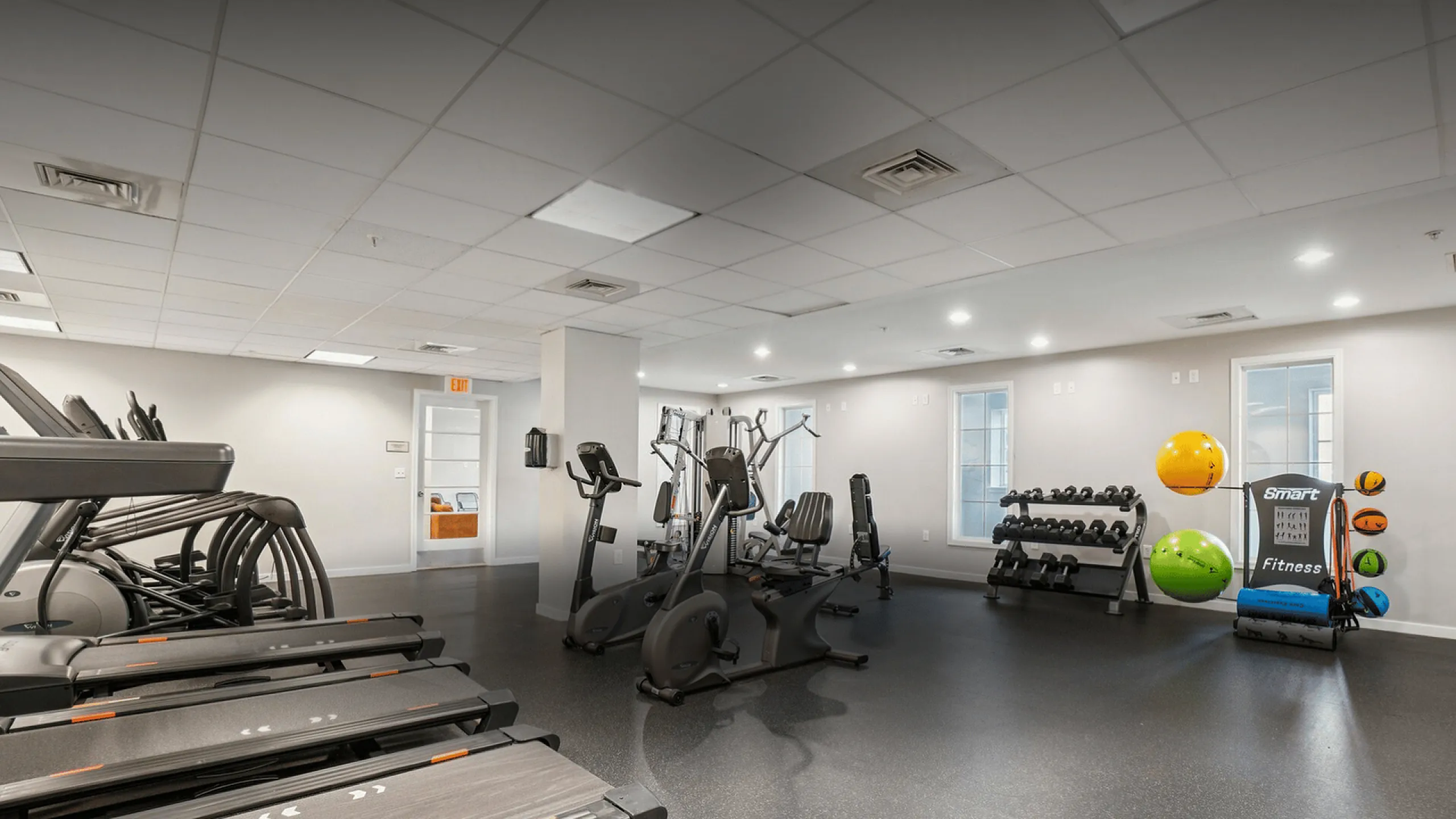Modern fitness center with state-of-the-art treadmills, exercise bikes, weight equipment, and vibrant fitness balls, perfect for an invigorating workout.