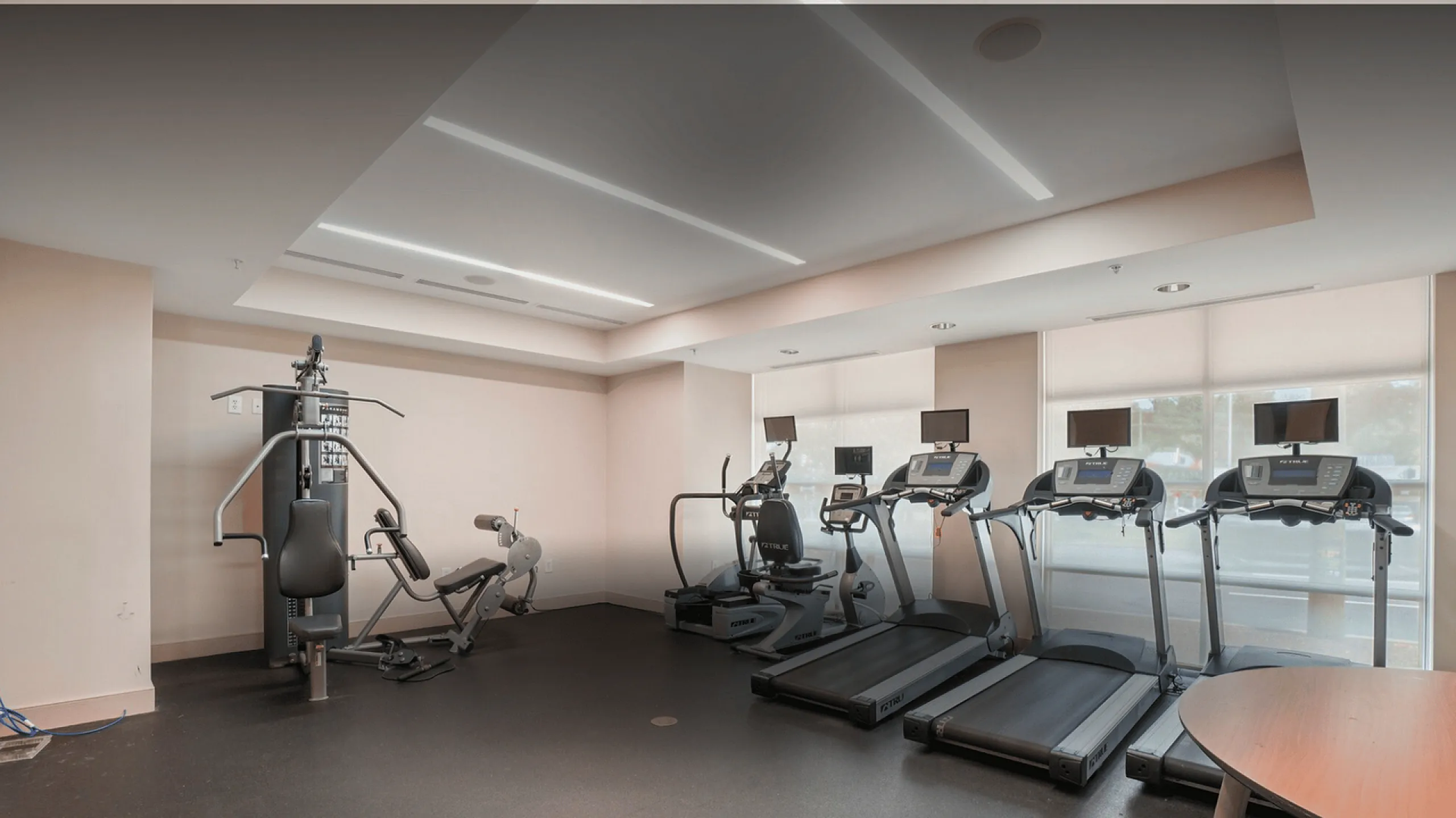 Modern fitness center with high-end treadmills and versatile strength training equipment, well-lit with natural light.