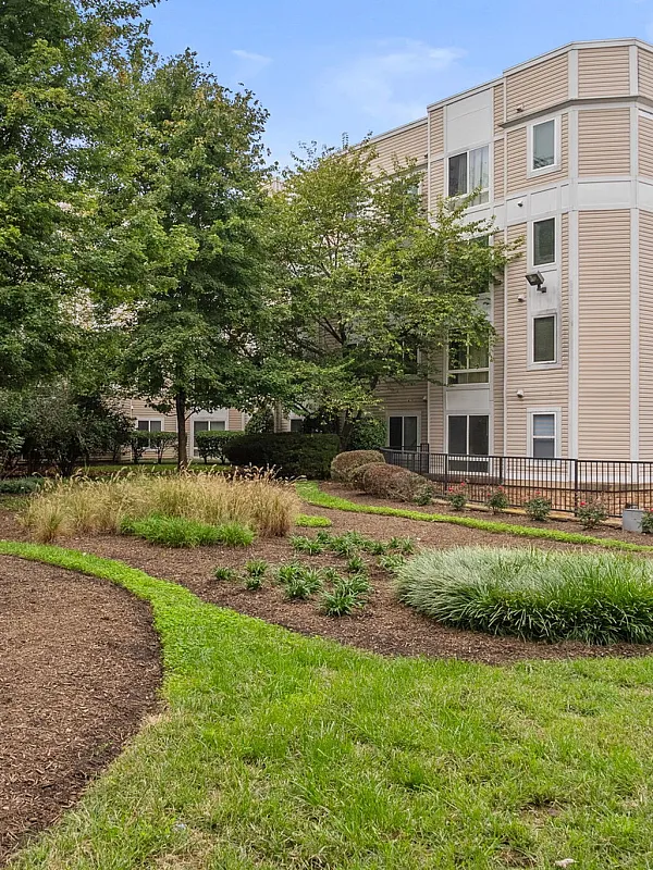 Charming garden pathway surrounded by lush greenery leading to a contemporary beige apartment building.