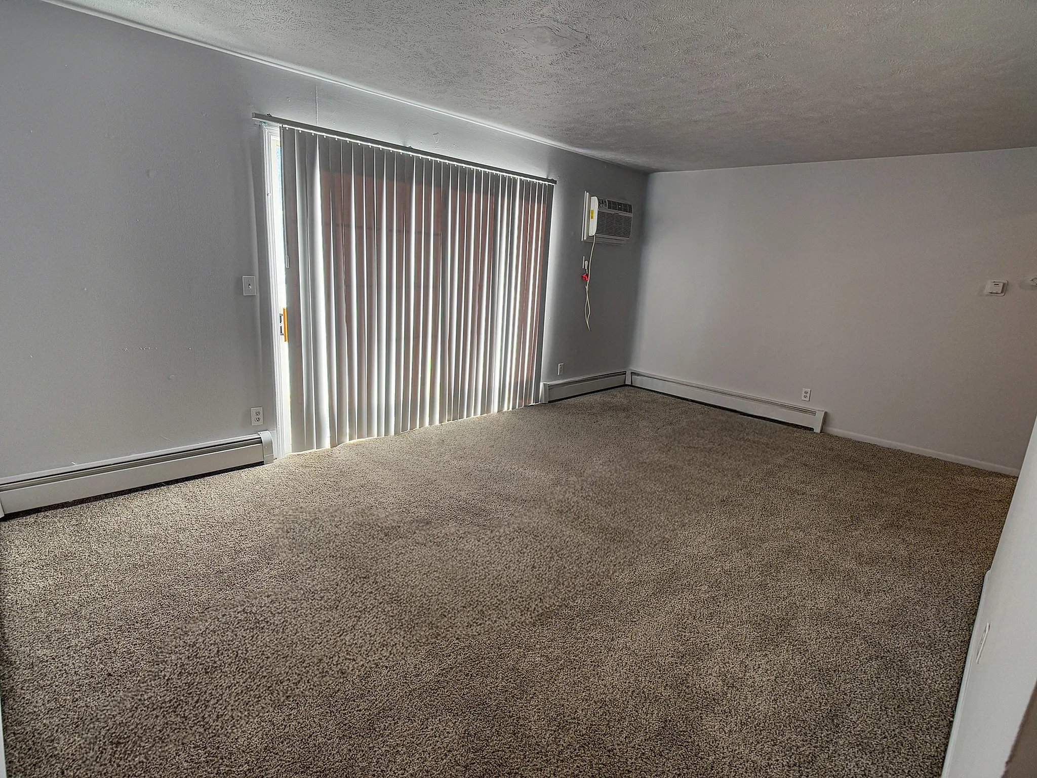 Bright and spacious room with plush carpeting and modern vertical blinds, offering a cozy, sunlit ambiance.