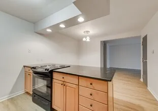 Modern kitchen with sleek black countertops, wooden cabinets, and a cozy open layout leading to the living area.