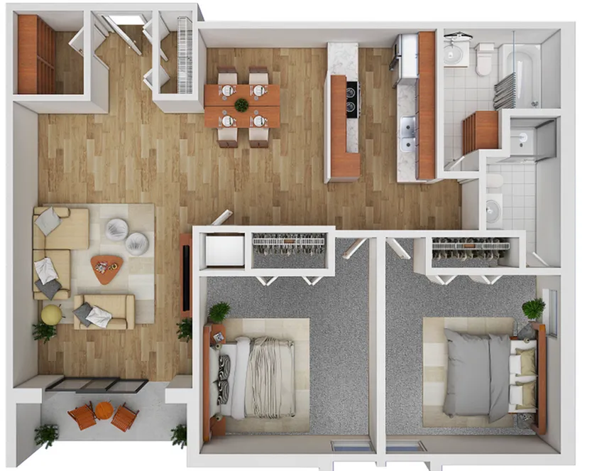 Charming 3D floor plan with two cozy bedrooms, modern kitchen, and inviting living area, featuring elegant wood flooring and a private balcony.
