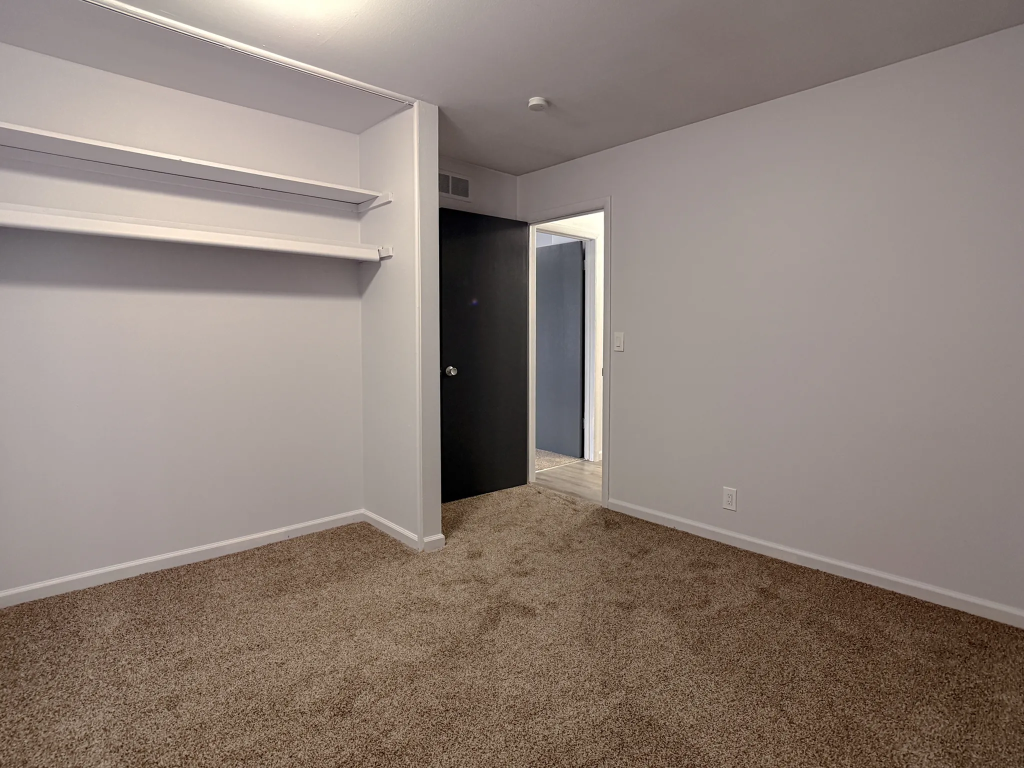 Inviting bedroom with plush carpet, ample closet space, and modern door detailing, perfect for creating a cozy retreat.