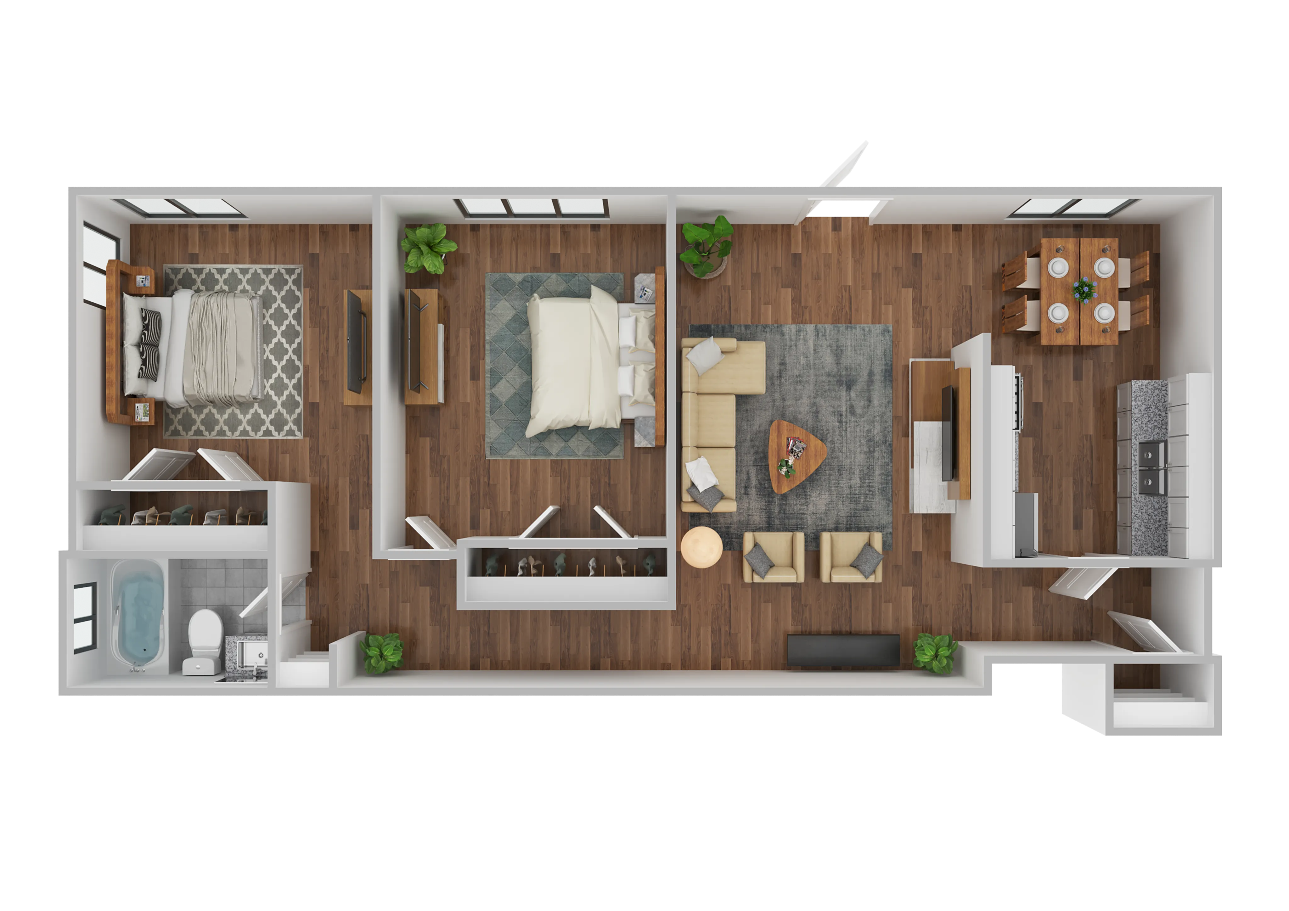 Beautiful 3D floor plan showcasing a stylish apartment with two bedrooms, a cozy living area, modern kitchen, and elegant bathroom. Open layout with wood flooring and ample natural light.