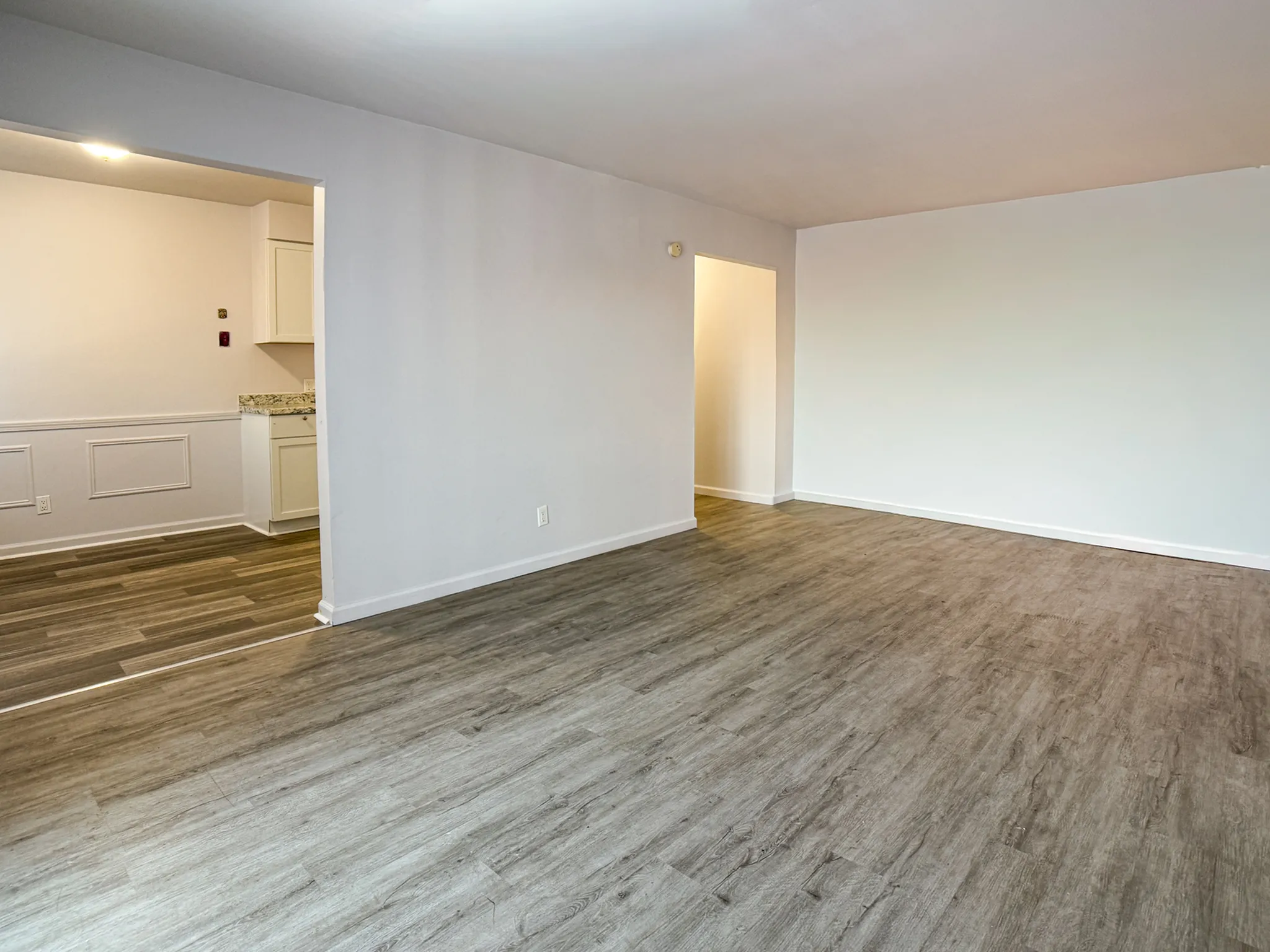 Bright, open living space with modern flooring and a glimpse into a cozy kitchen area.