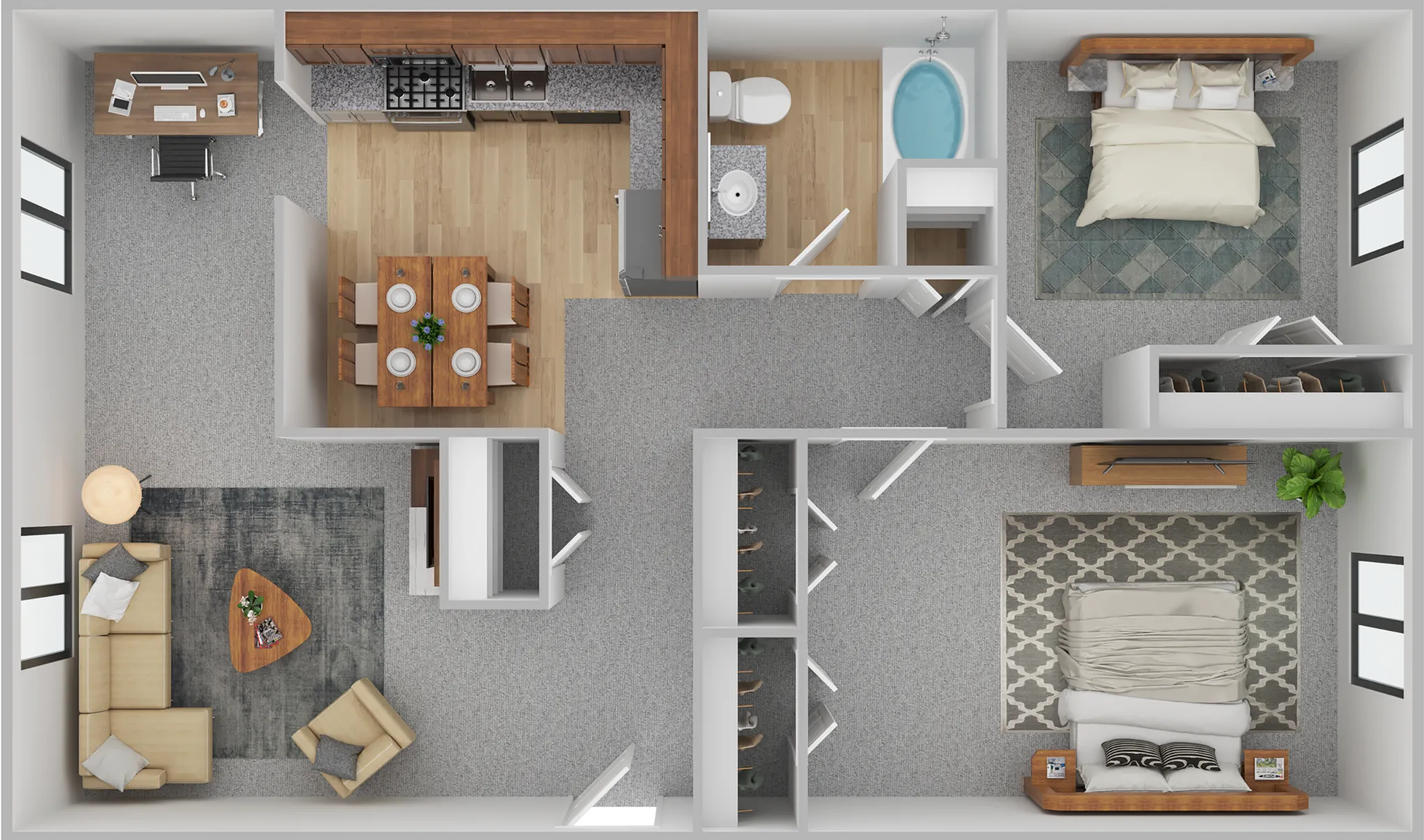 Modern apartment floor plan showcasing a smart layout with two cozy bedrooms, a chic open-plan living area, a well-equipped kitchen, and a spacious dining space.