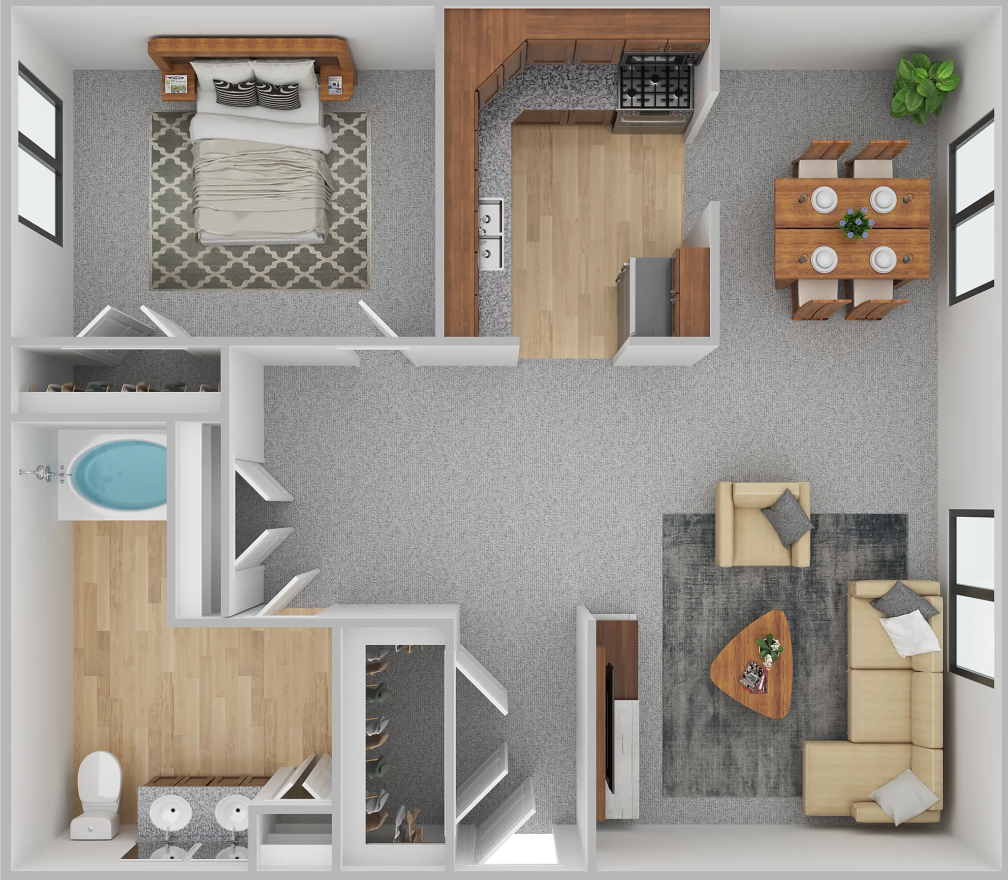Charming open-concept 3D floor plan with a cozy bedroom, modern kitchen, elegant dining area, and inviting living space.