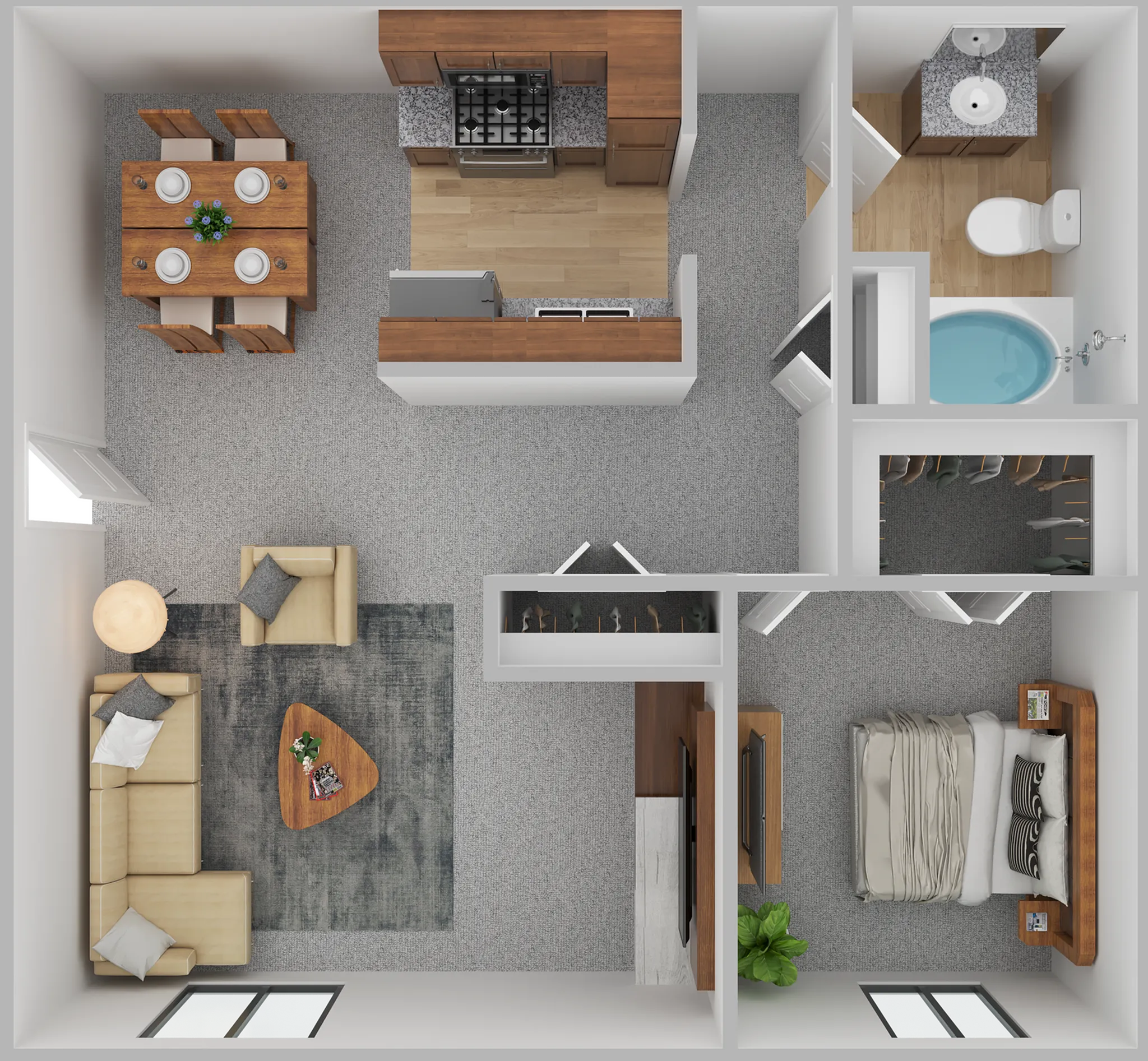 Inviting 1-bedroom apartment floor plan featuring an open-concept living area and a modern kitchen with a dining space.