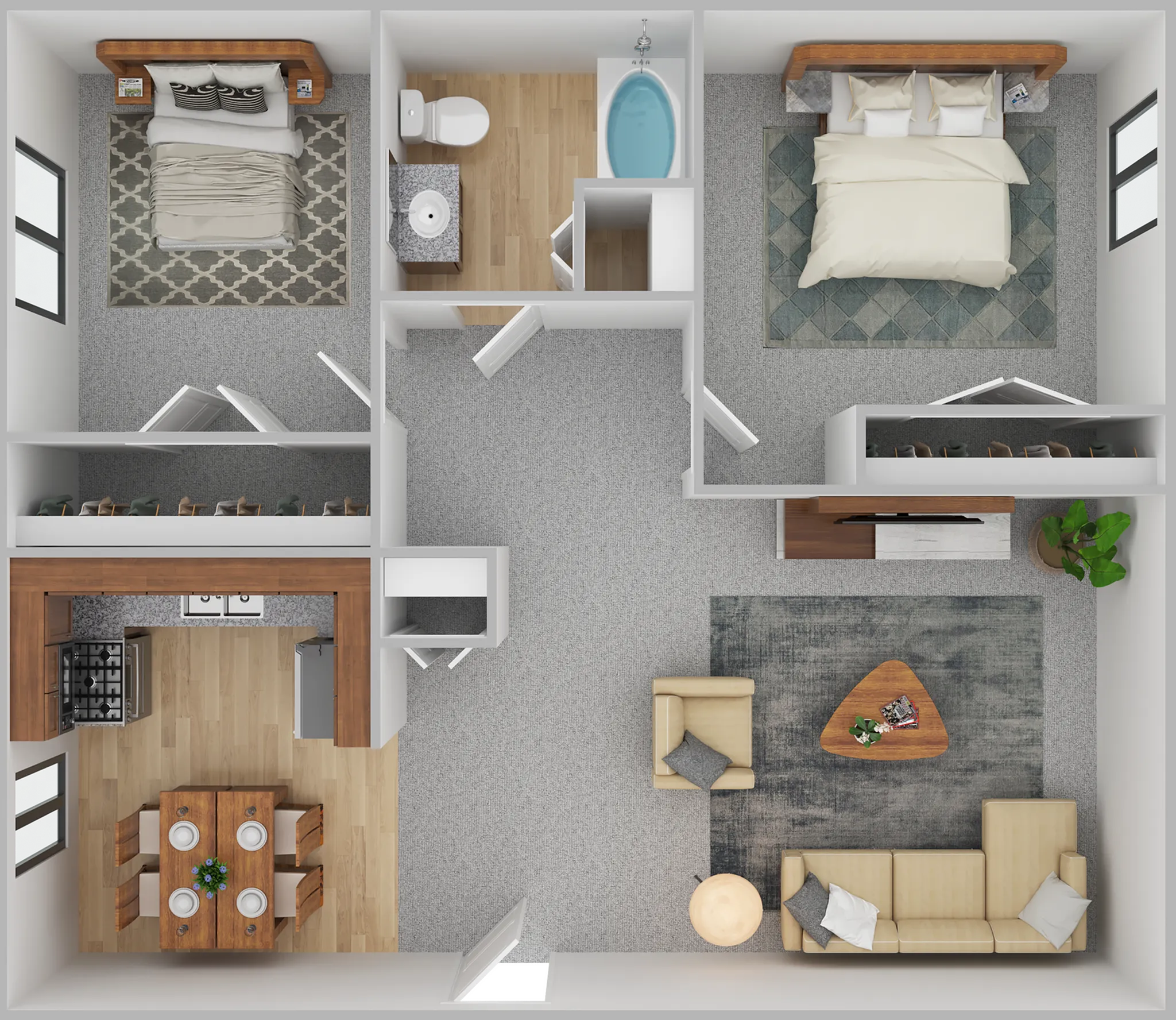 Modern floor plan showcasing 2 elegant bedrooms, a chic living room, and a cozy kitchen with dining area.