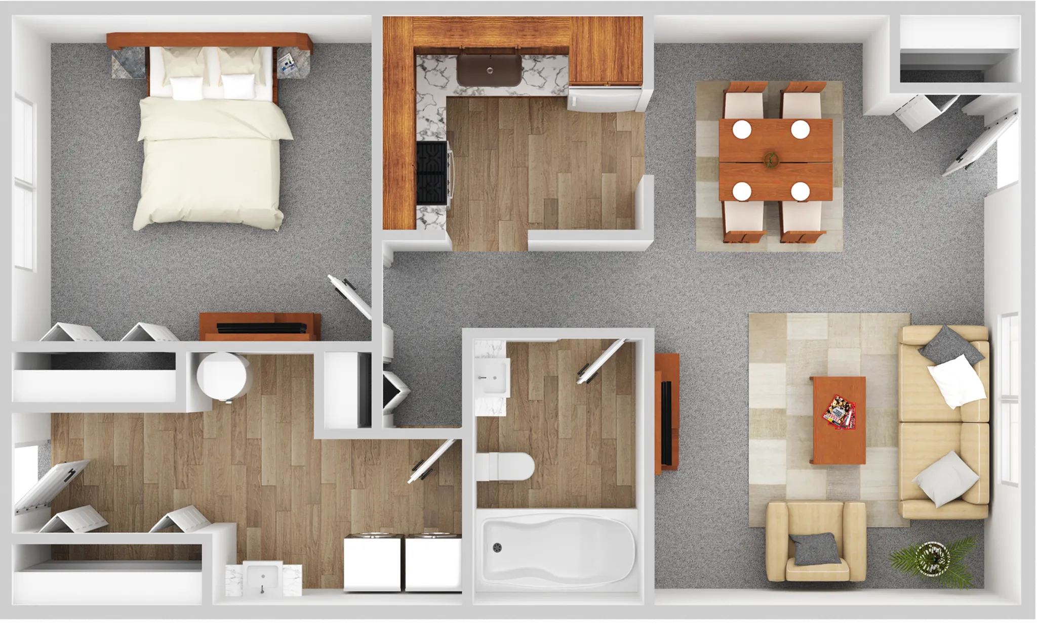 Modern 3D floor plan showcasing an elegant one-bedroom apartment with an open kitchen, dining area, spacious living room, and a contemporary bathroom design.
