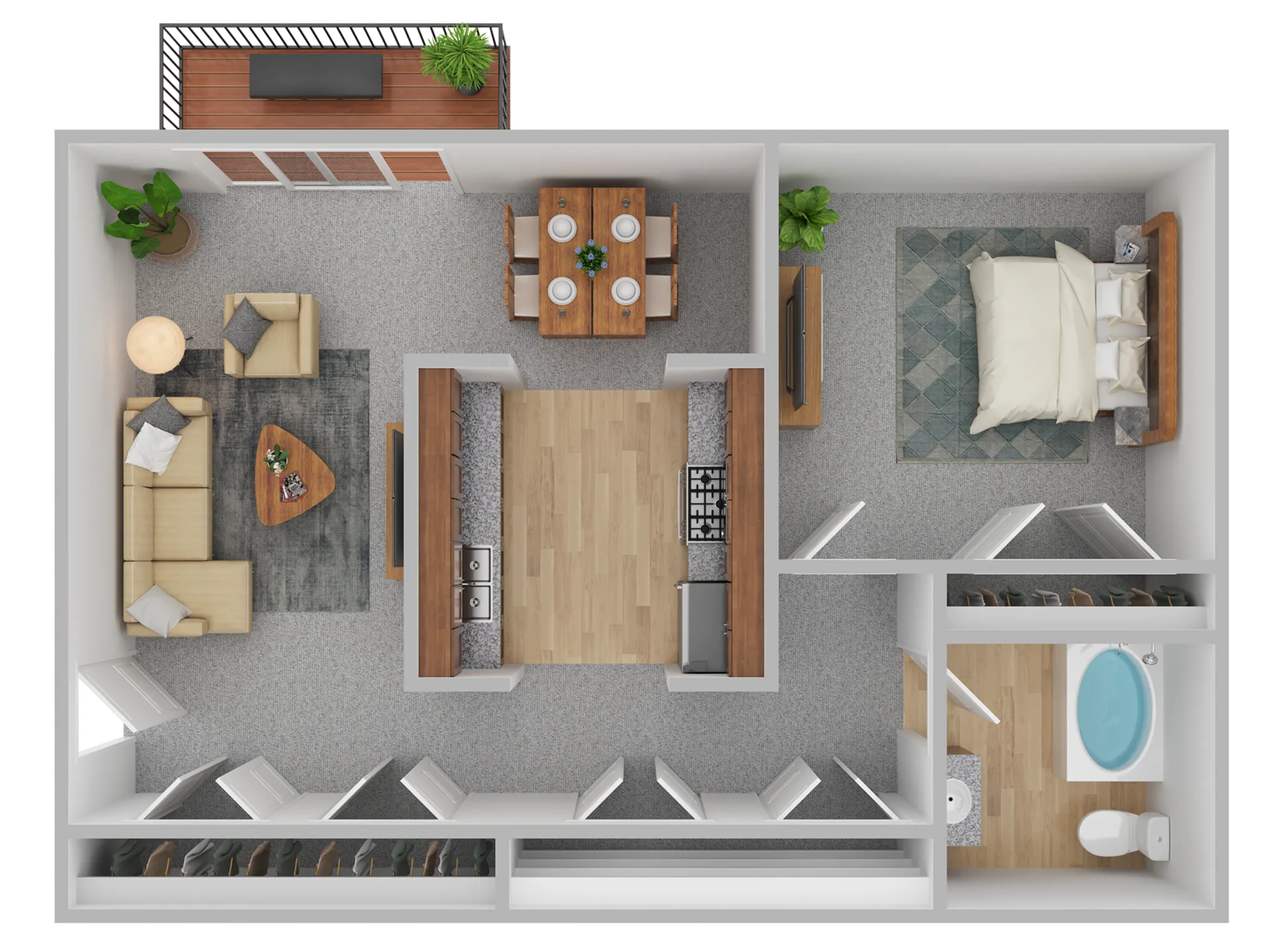 Chic floor plan showcasing a one-bedroom apartment with a cozy living room, modern kitchen, elegant dining area, and a stylish private balcony.