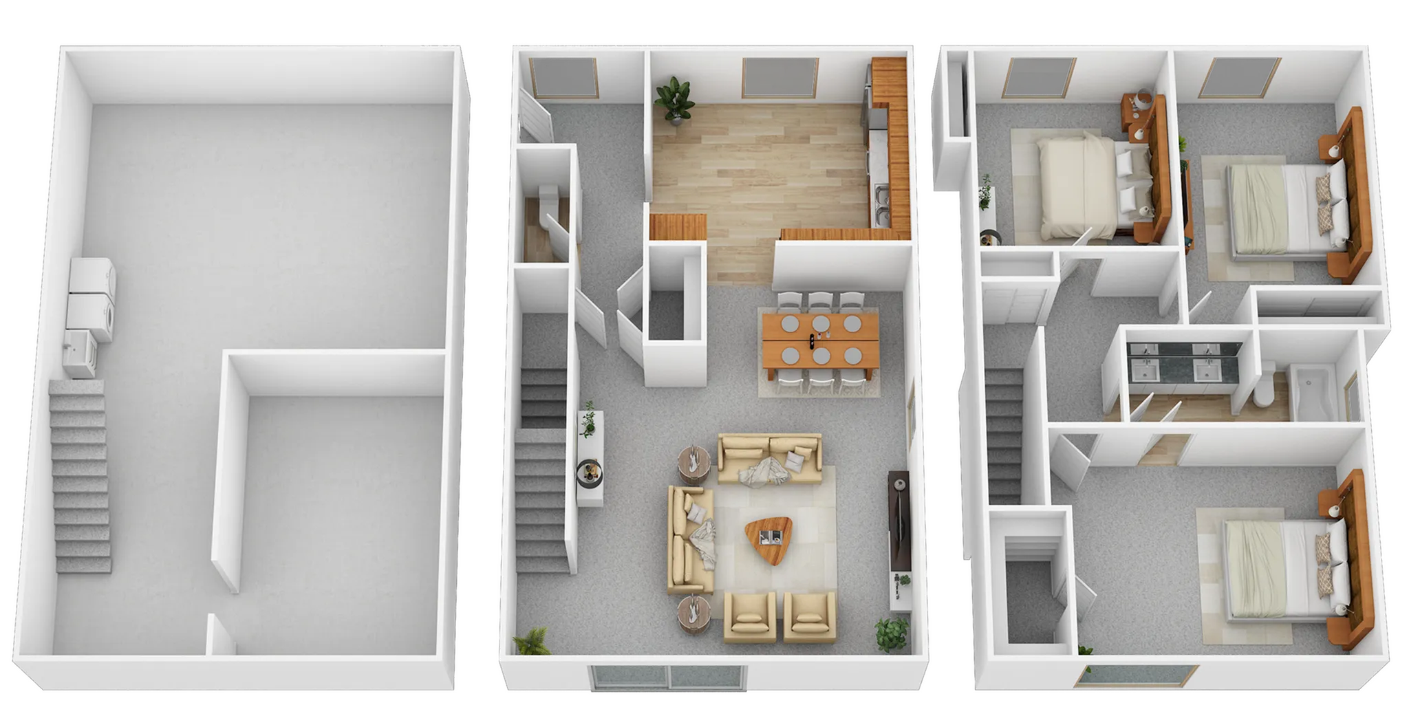 Modern multi-level floor plan featuring a spacious open-concept living area, elegant dining space, and two cozy bedrooms, perfect for comfortable living.