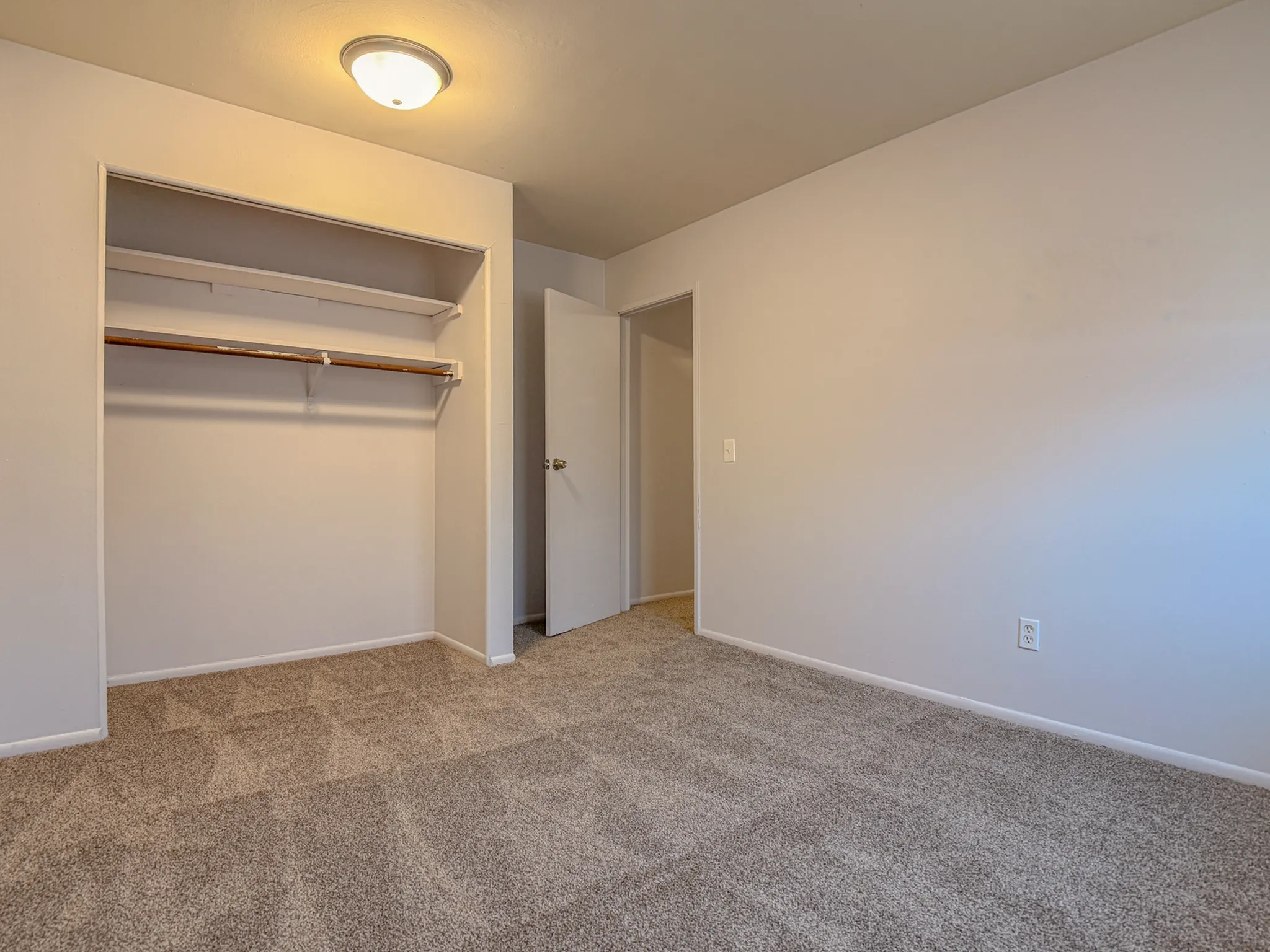Spacious, freshly carpeted room with open closet and ample natural light, perfect for a cozy setup.