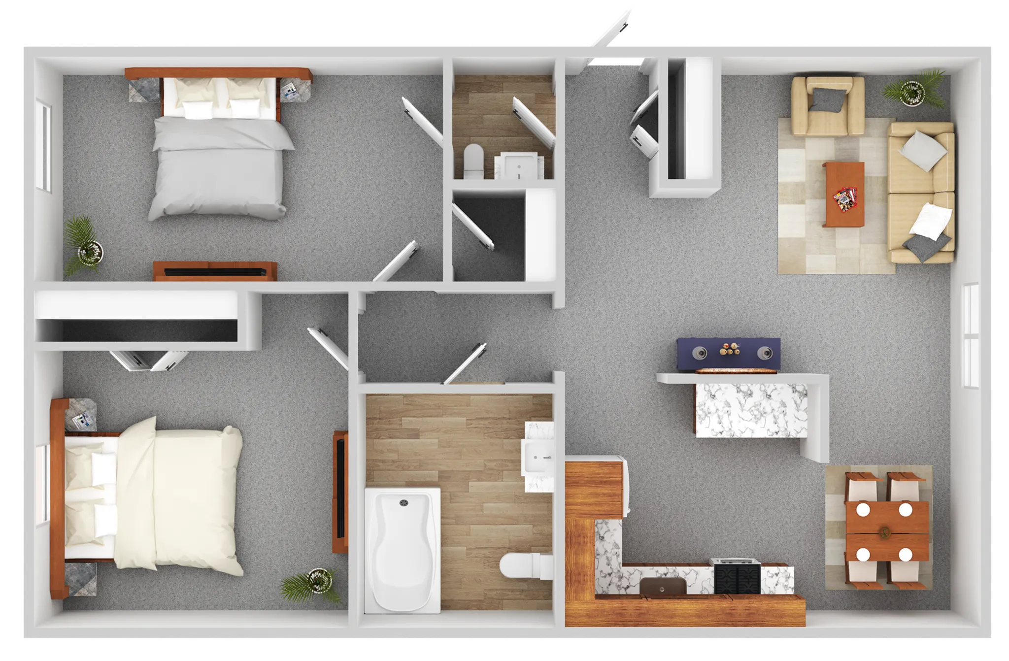 Modern floor plan featuring 2 cozy bedrooms, a stylish open living space, and a sleek kitchen with a breakfast bar.