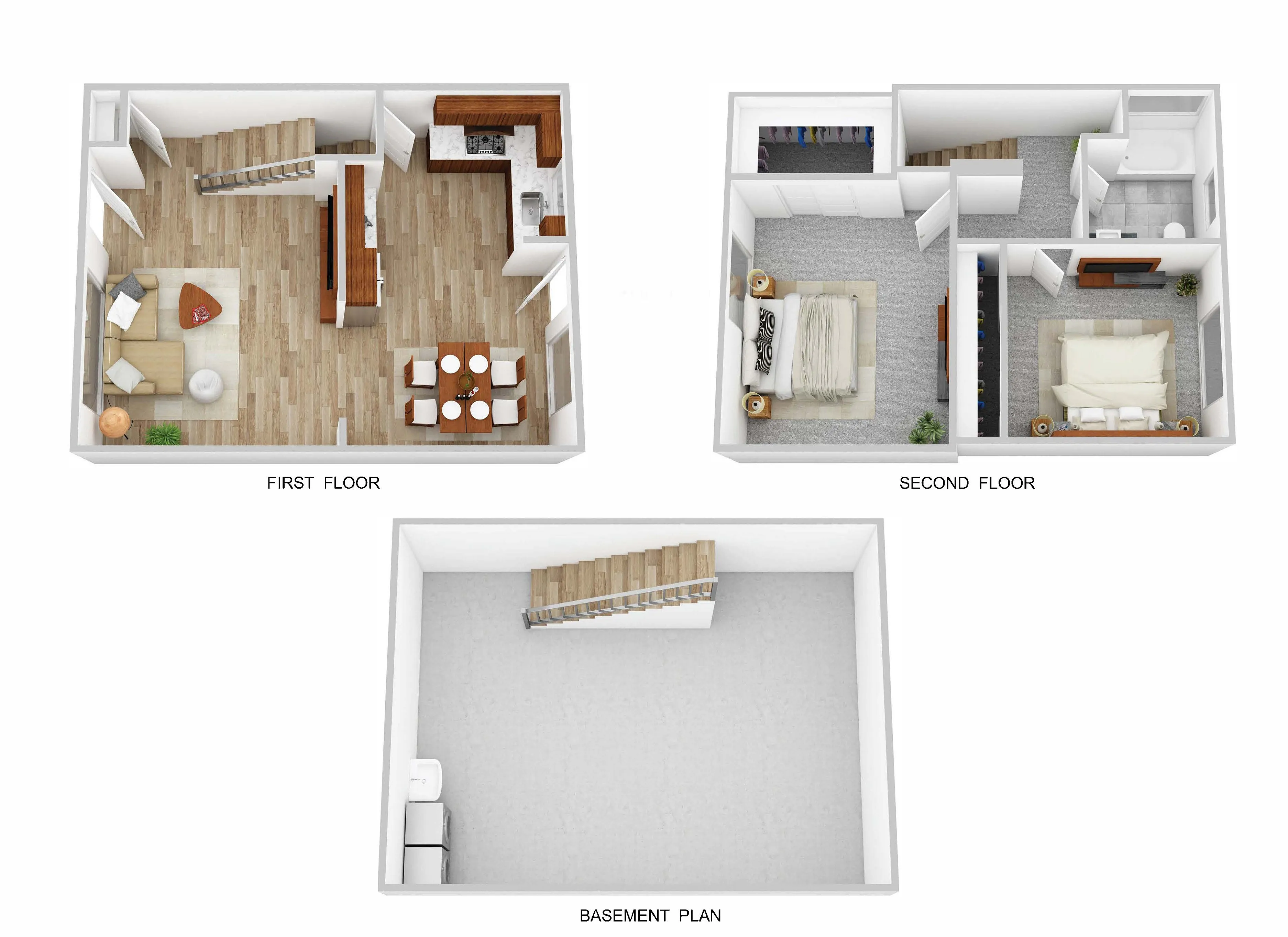 Elegant multi-floor plan showcasing a cozy first floor with living and dining areas, a second floor with two spacious bedrooms and modern bathroom, plus a versatile basement space.