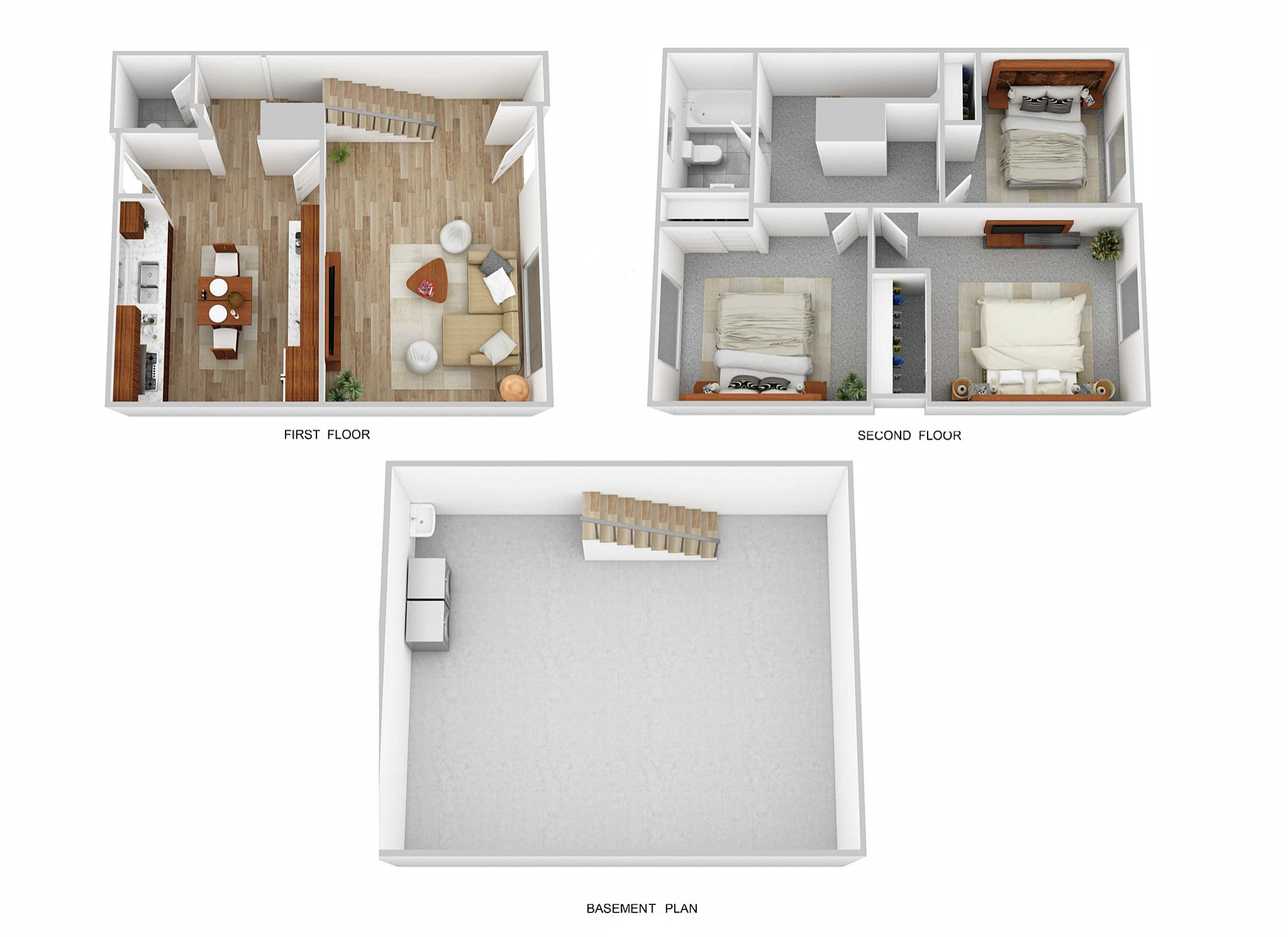 Chic multi-level floor plan featuring open-concept living and dining area on the first floor, three cozy bedrooms on the second floor, and a spacious basement, perfect for modern family living.