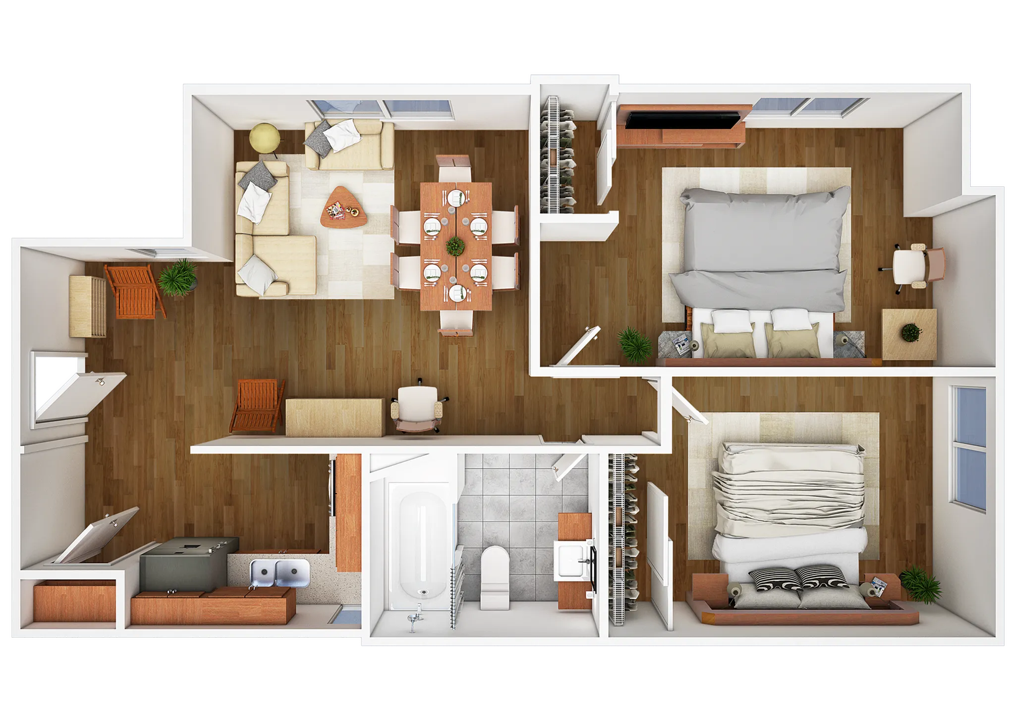 Modern 3D floor plan featuring two spacious bedrooms, an elegant open-concept living and dining area, and a stylish bathroom.