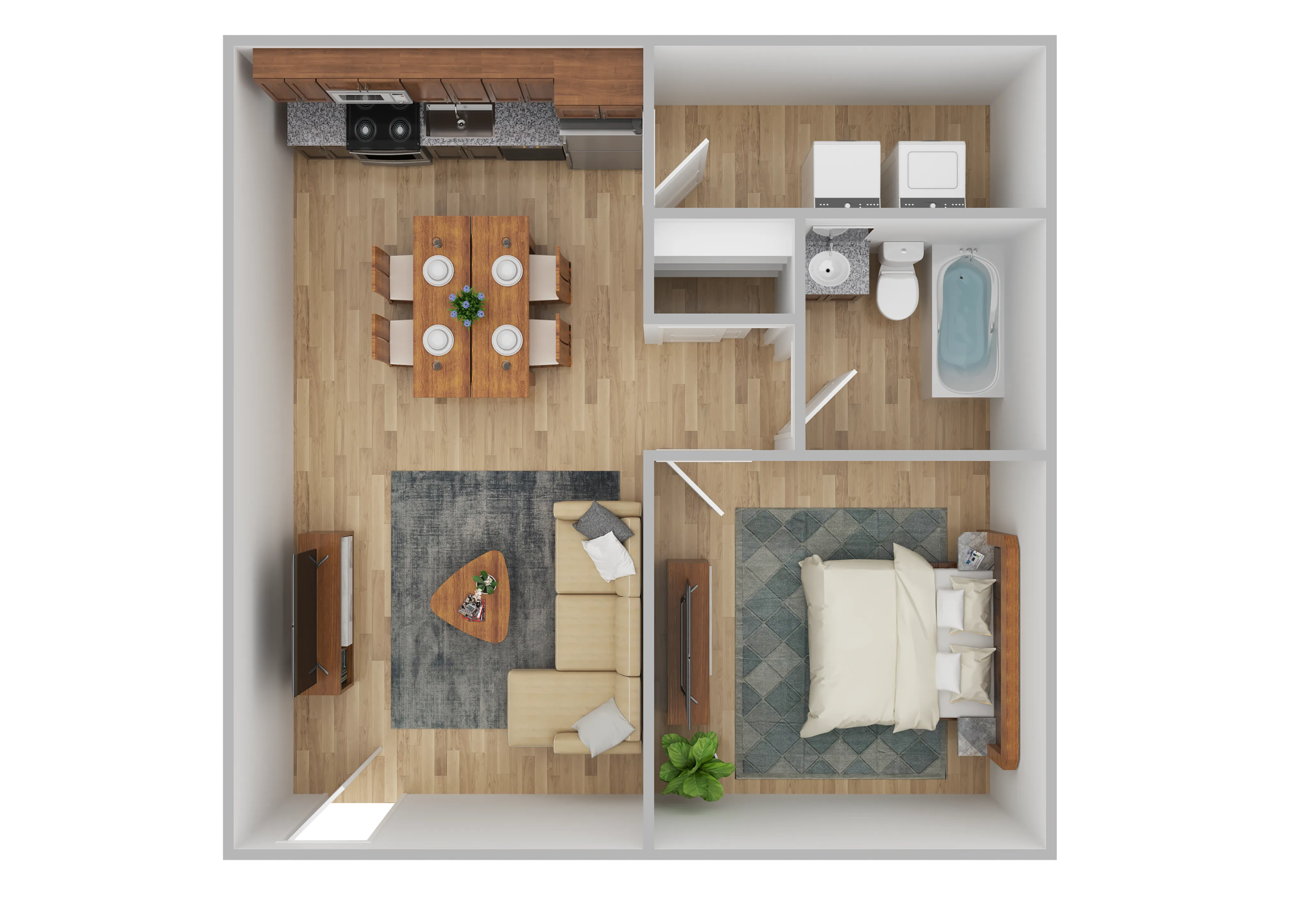 Modern apartment floor plan showcasing an open-concept living and dining area, cozy bedroom, fully equipped kitchen, and stylish bathroom.