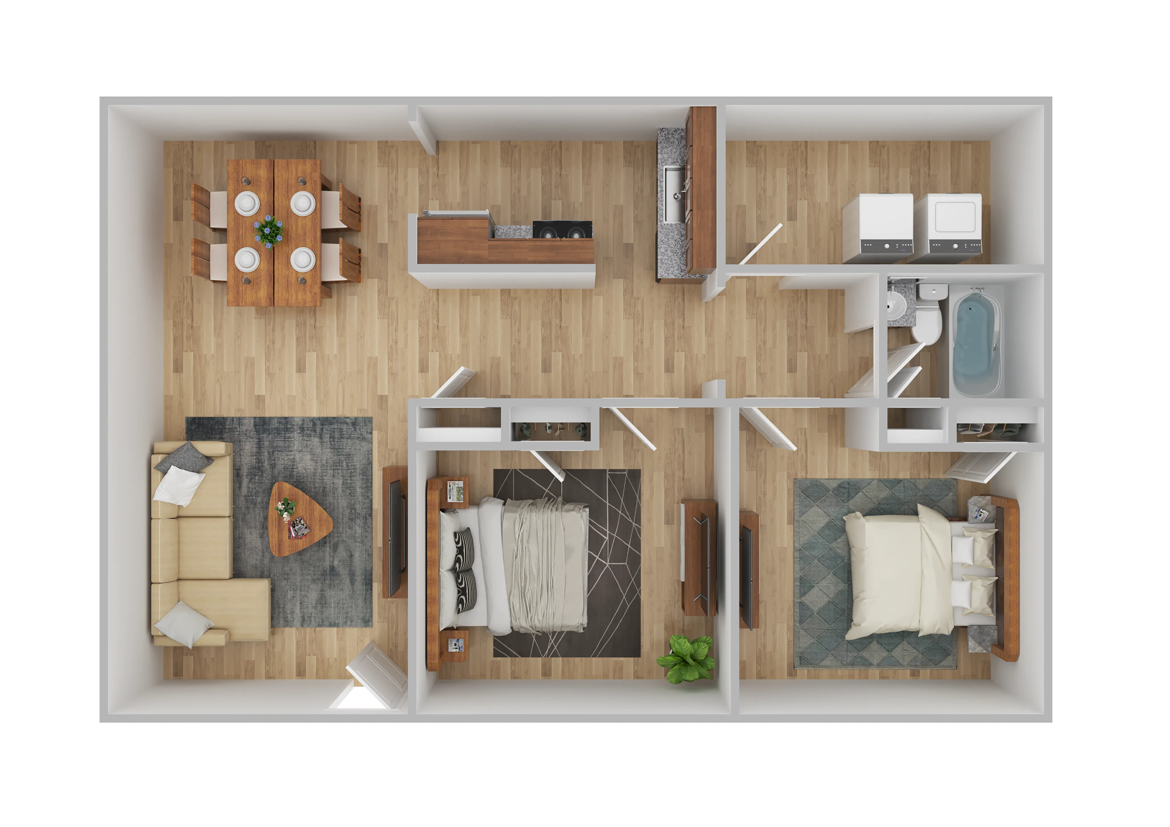 Chic 2-bedroom apartment floor plan showcasing a cozy open living-dining area, modern kitchen, and sleek bathroom design.