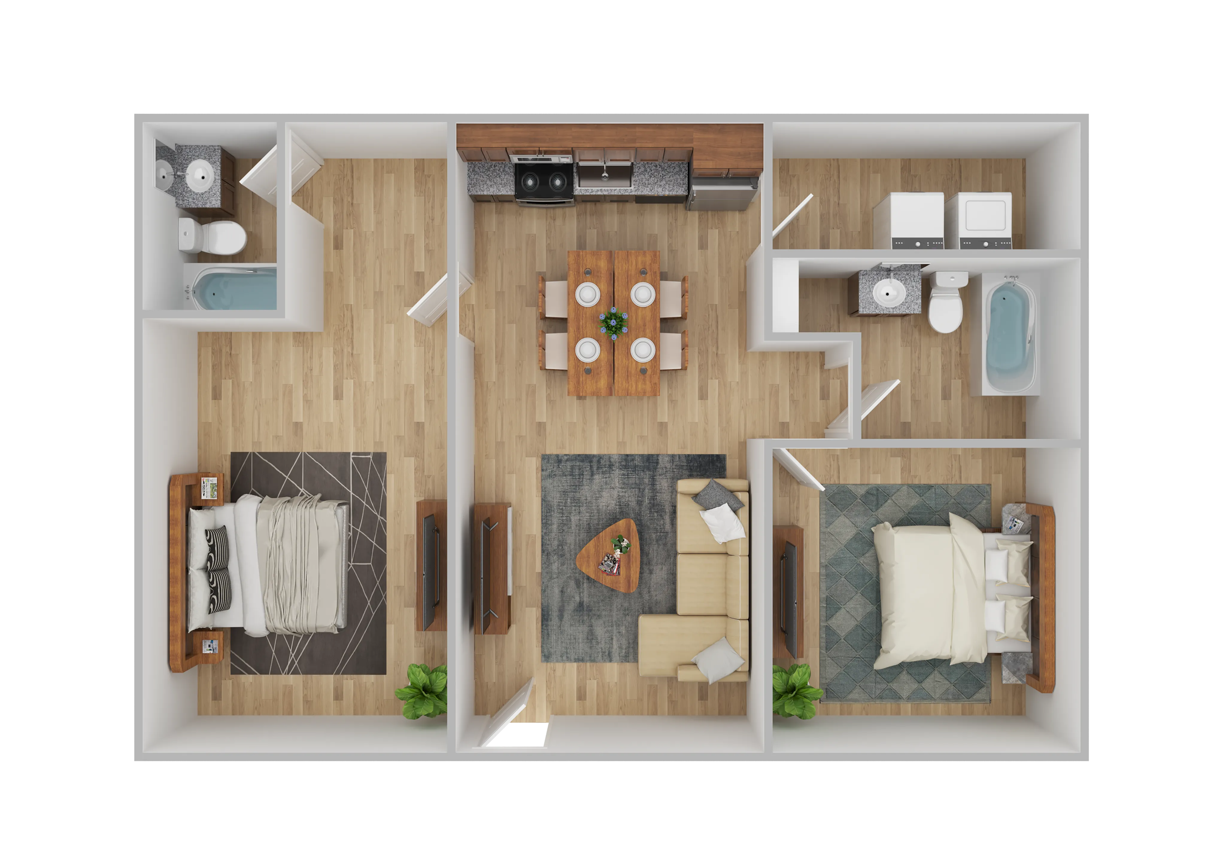 Modern 2D apartment floor plan showcasing 2 cozy bedrooms, a stylish living area, and an inviting open-plan kitchen with dining space.