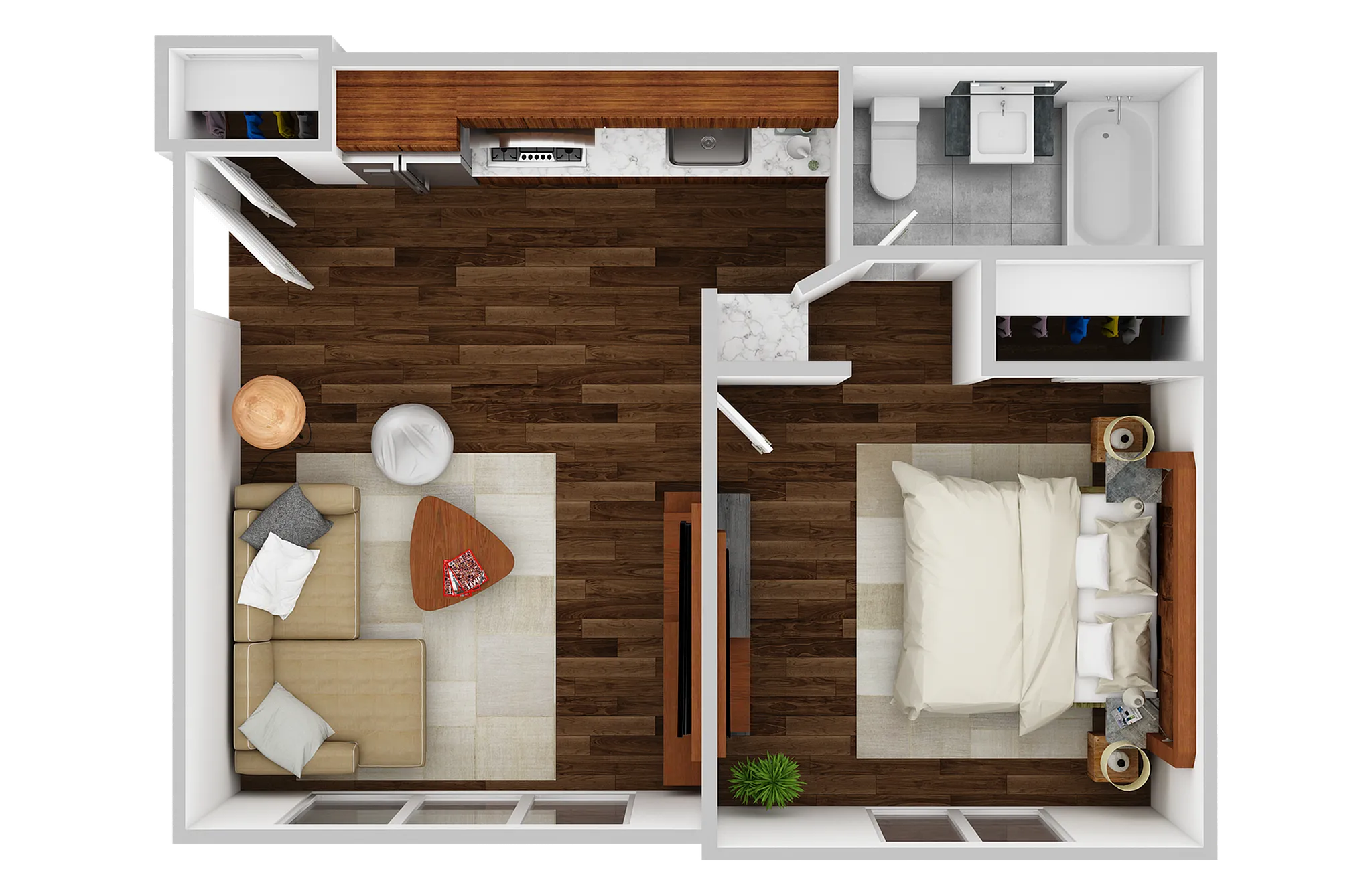 Contemporary open floor plan showcasing a cozy living room, modern kitchen, stylish bedroom, and a sleek bathroom with hardwood floors.