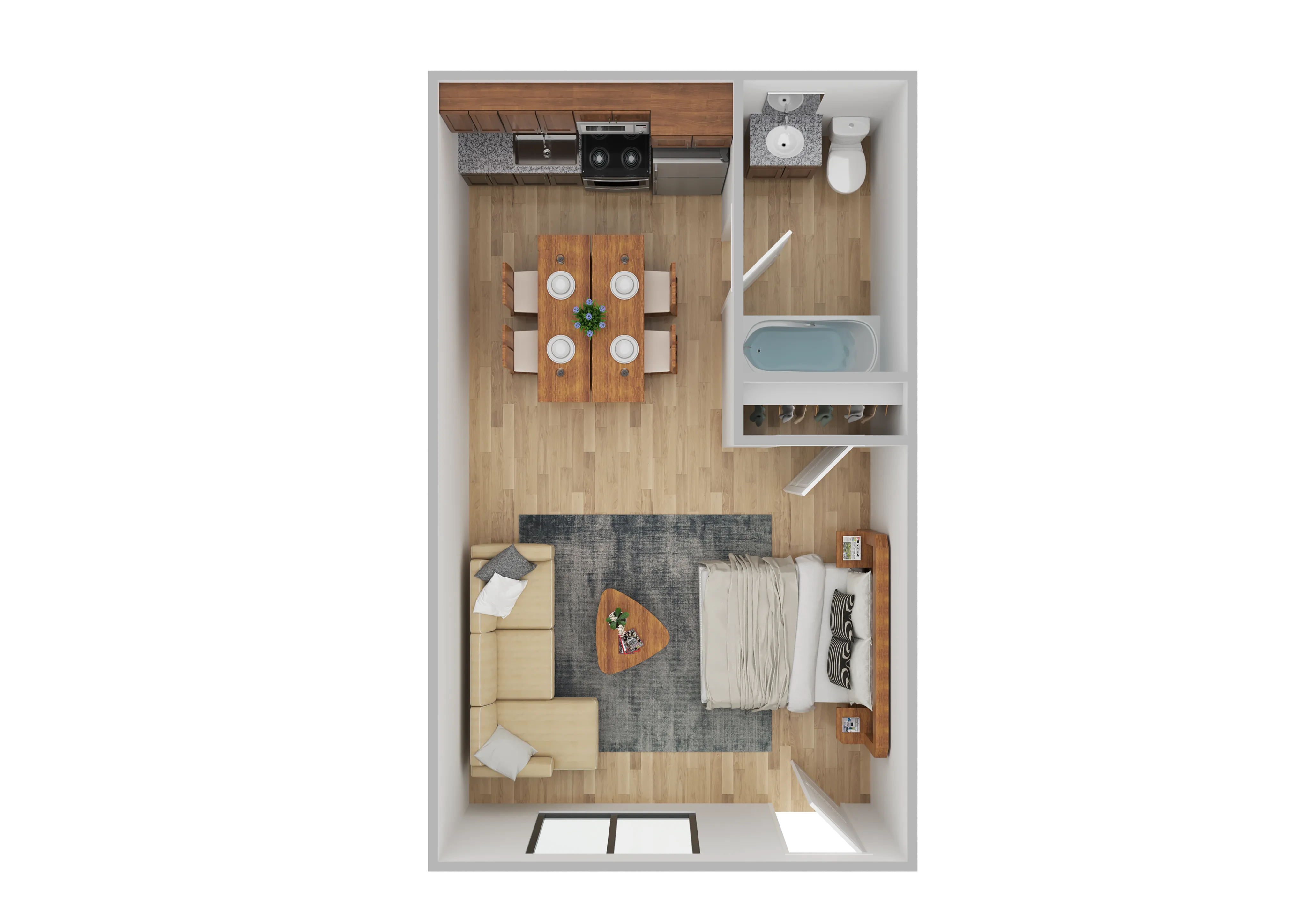 Elegant studio apartment floor plan showcasing an open-concept layout with cozy living area, stylish kitchen, and modern bathroom.