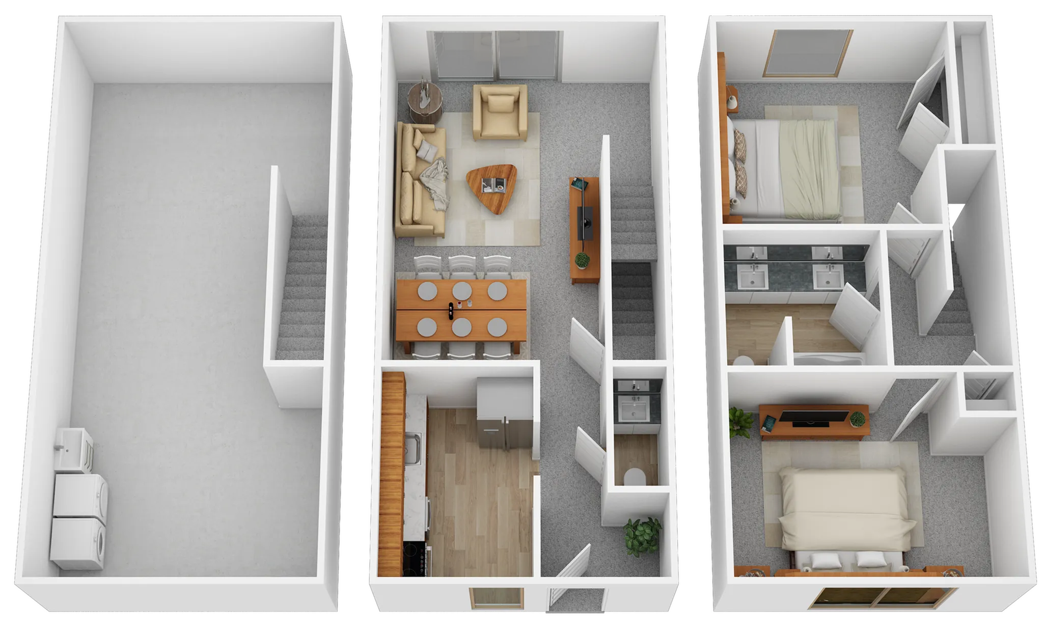 Modern 3D floor plan showcasing an open-concept living area, stylish kitchen, dining space, cozy living room, 2 bedrooms, and bathrooms on upper levels, plus a laundry area in the basement.