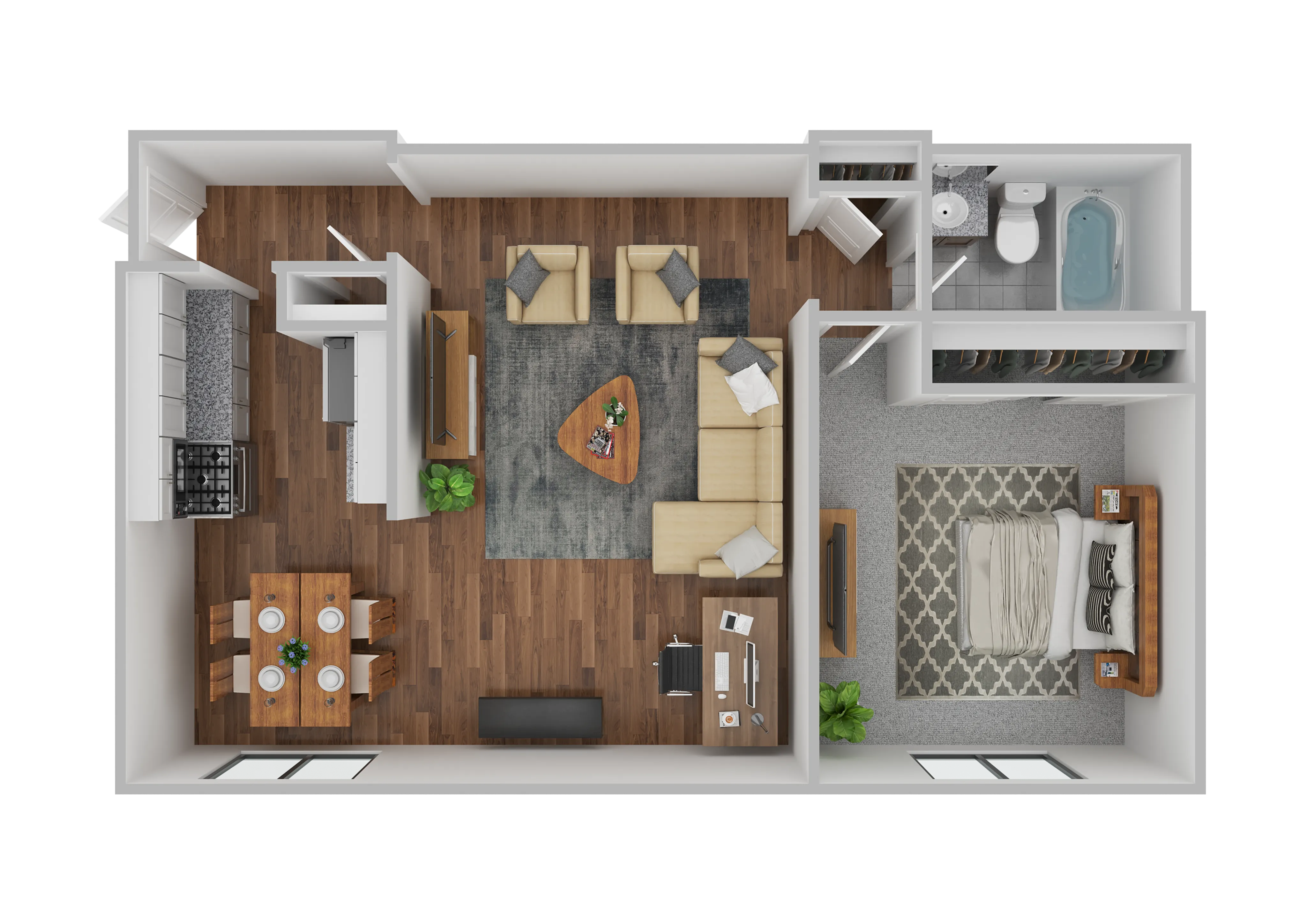 Modern floor plan showcasing one bedroom, a spacious living area, open kitchen, and elegant dining space with rich wood flooring.