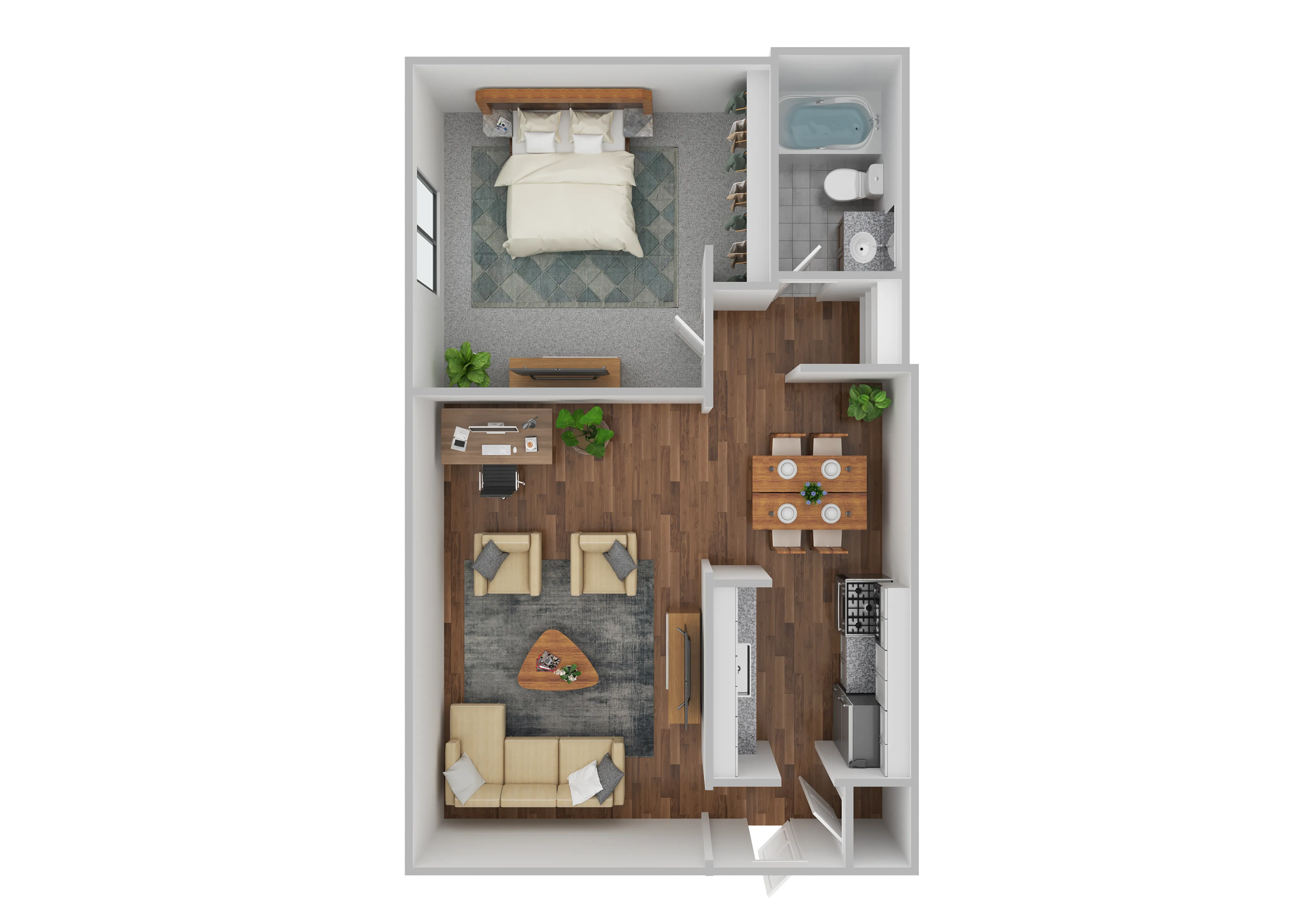 Charming 1-bedroom floor plan featuring a cozy living area, modern kitchen, and elegant bathroom, perfect for urban living.