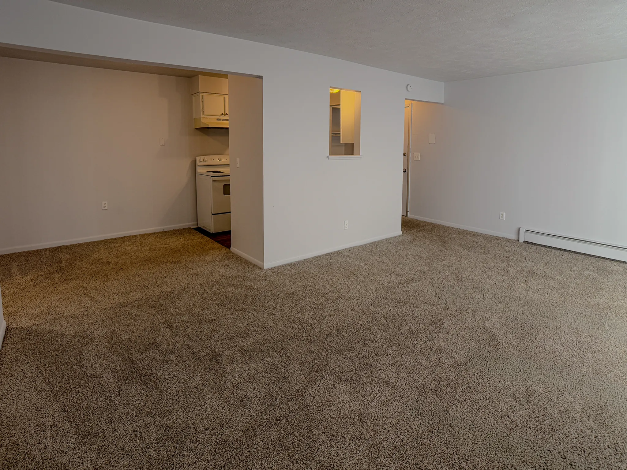 Spacious carpeted living area with an open view into a compact kitchen, featuring modern cabinetry and neutral tones.