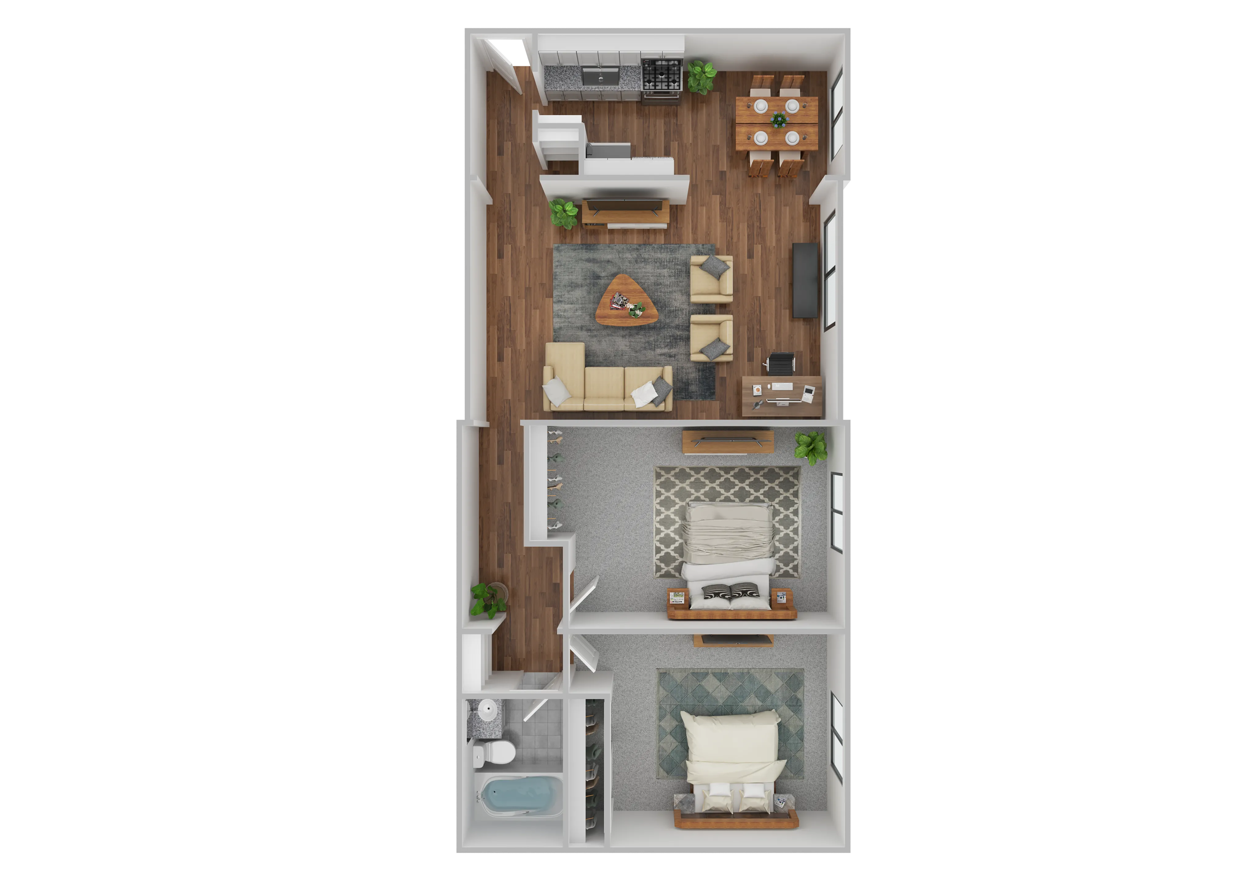 Modern apartment floor plan with 2 cozy bedrooms, a spacious living area, and a fully equipped kitchen, featuring contemporary decor and hardwood floors.
