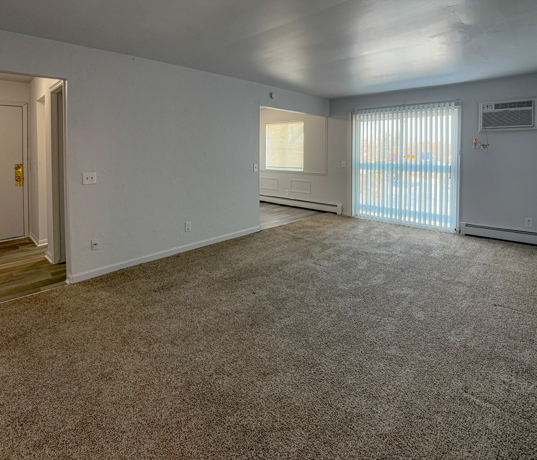 Bright, spacious living area with large windows, fresh carpet, and neutral walls, perfect for comfortable living.