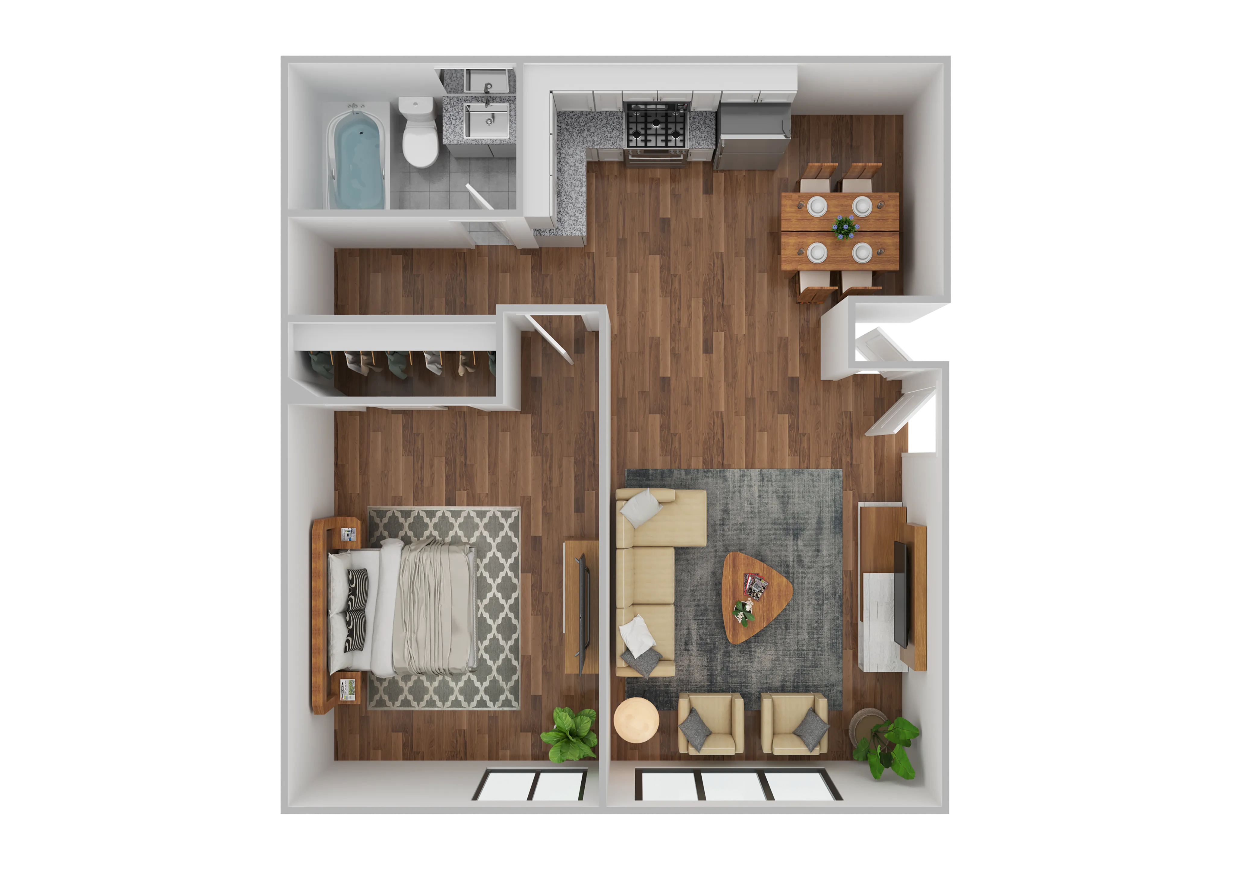 Inviting floor plan showcasing a modern one-bedroom apartment with an open living and dining area, sleek kitchen, and cozy bathroom.