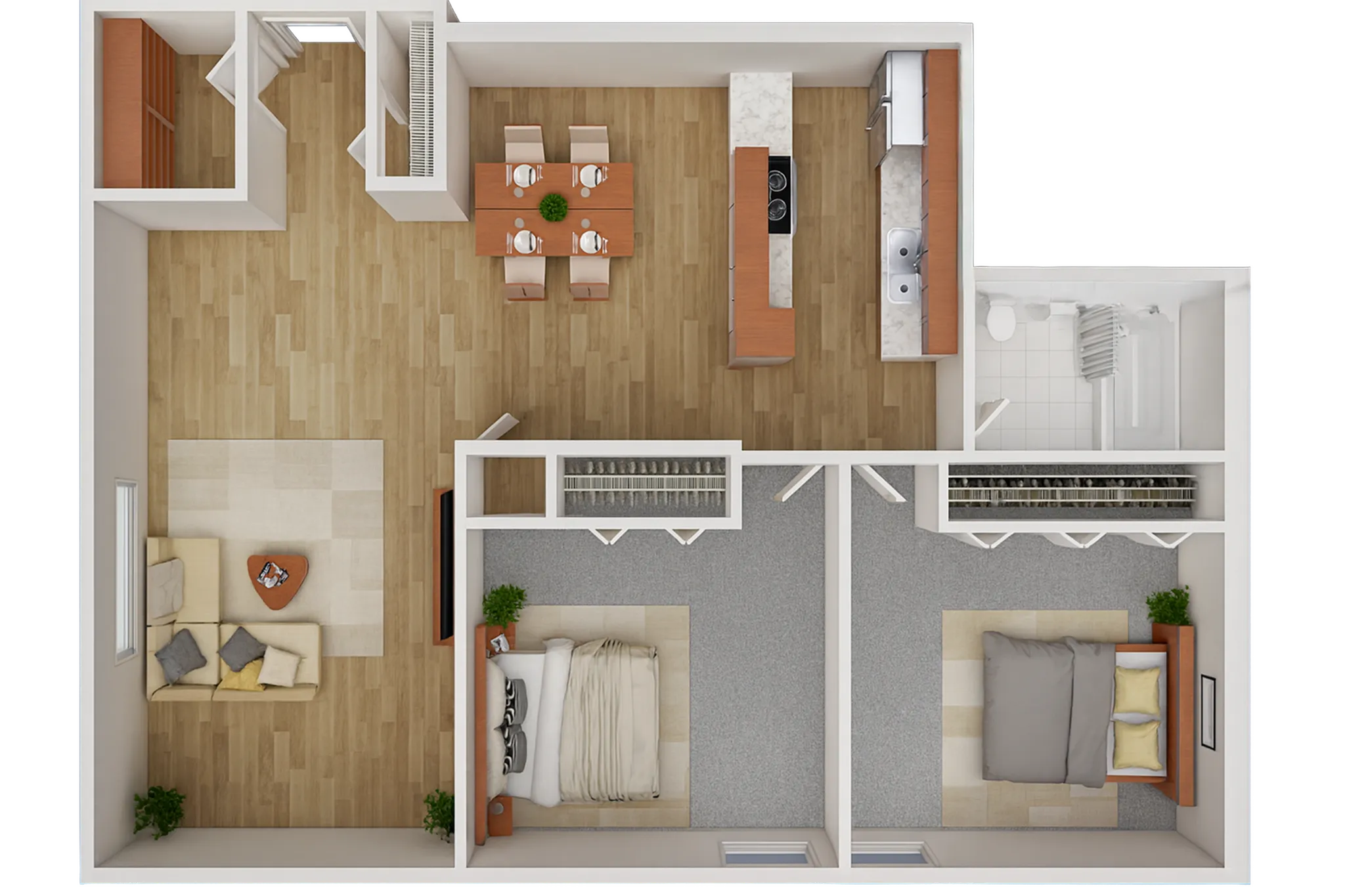 Charming 2D floor plan with 2 cozy bedrooms, an inviting living room, and a sleek kitchen with dining area.