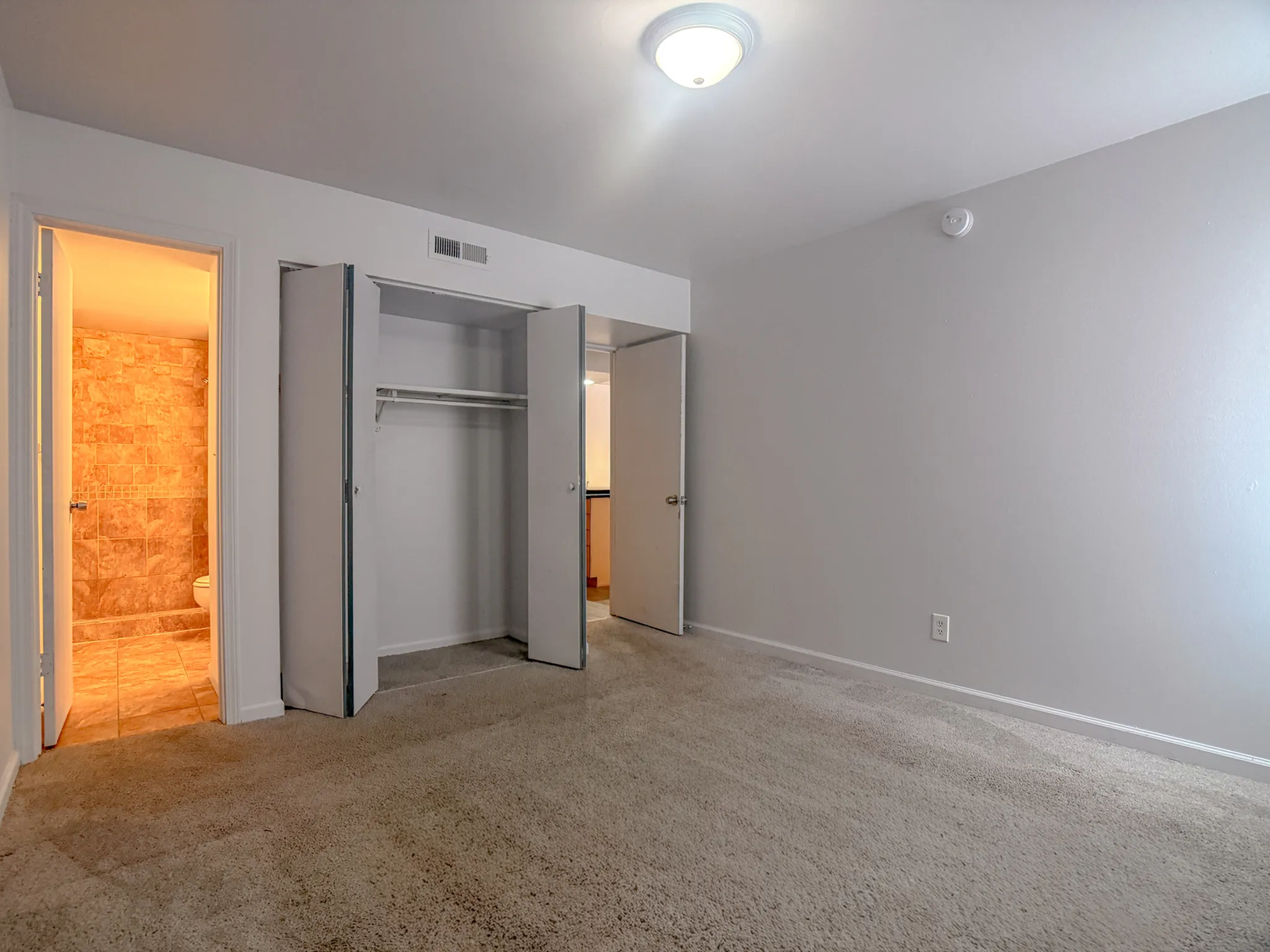 Spacious bedroom with plush carpet flooring, adjacent tiled bathroom, and ample closet space.