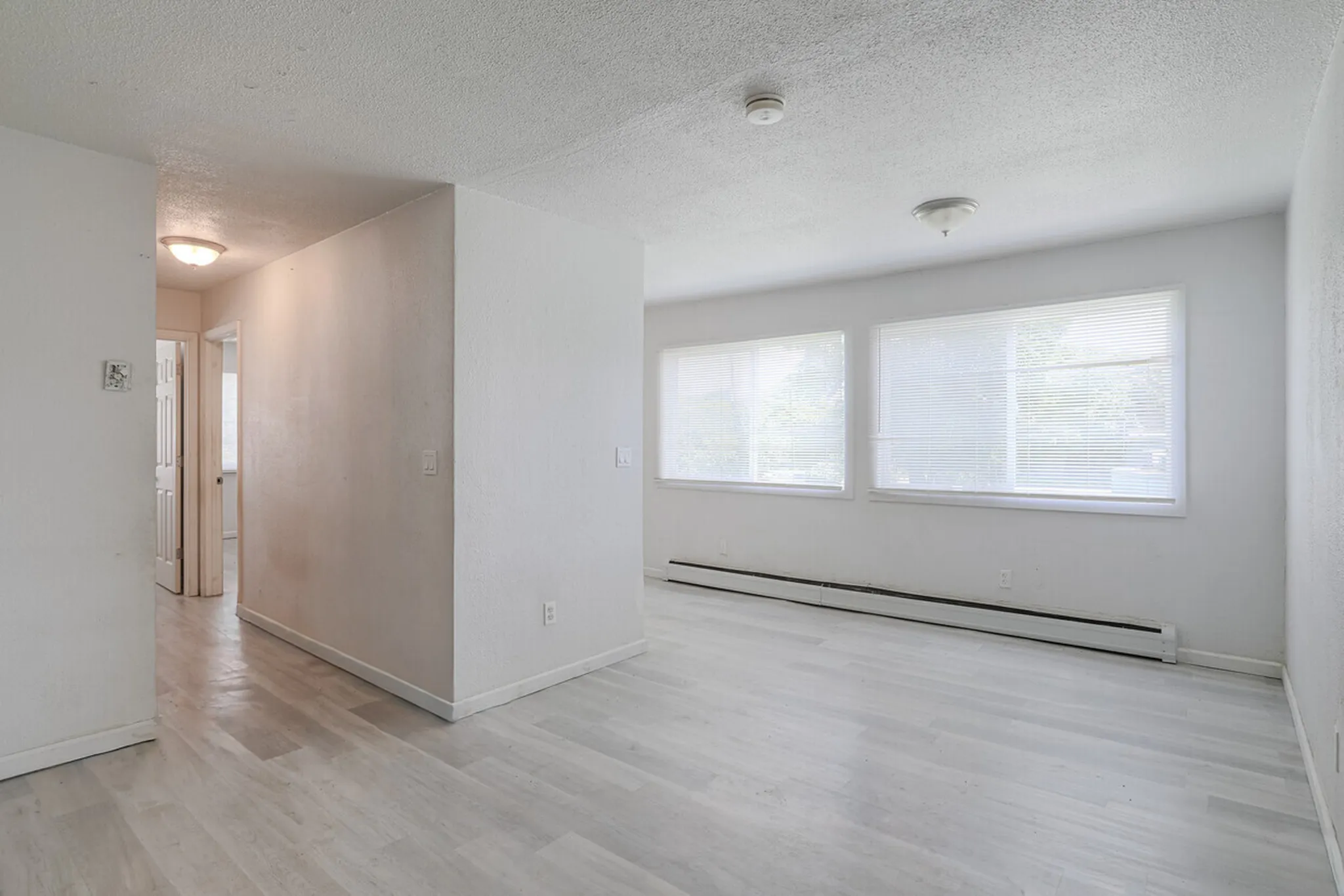 Bright apartment space with large windows, featuring an open layout and modern flooring.