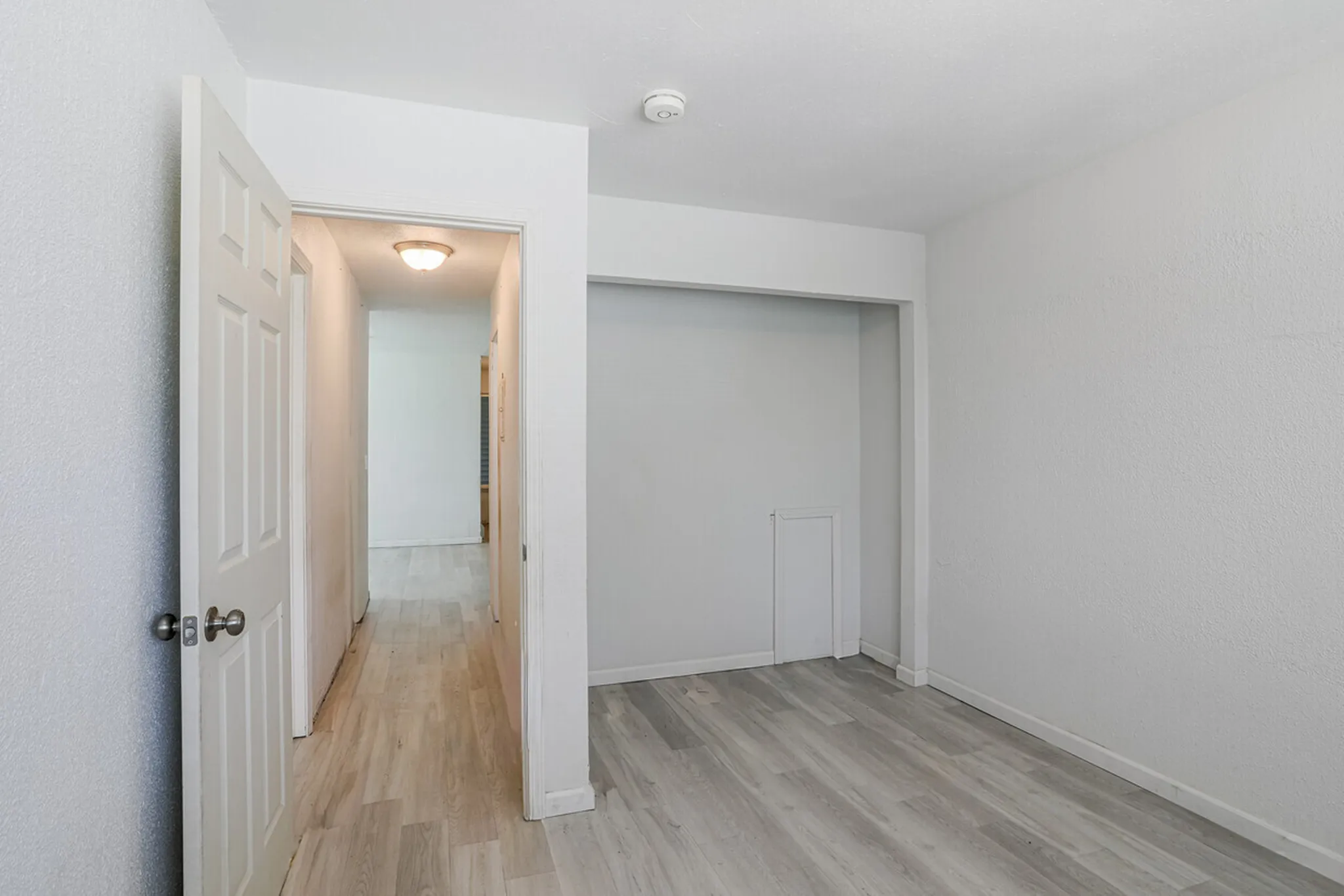 Bright and inviting hallway with modern light wood flooring, leading to spacious rooms in a stylish apartment.