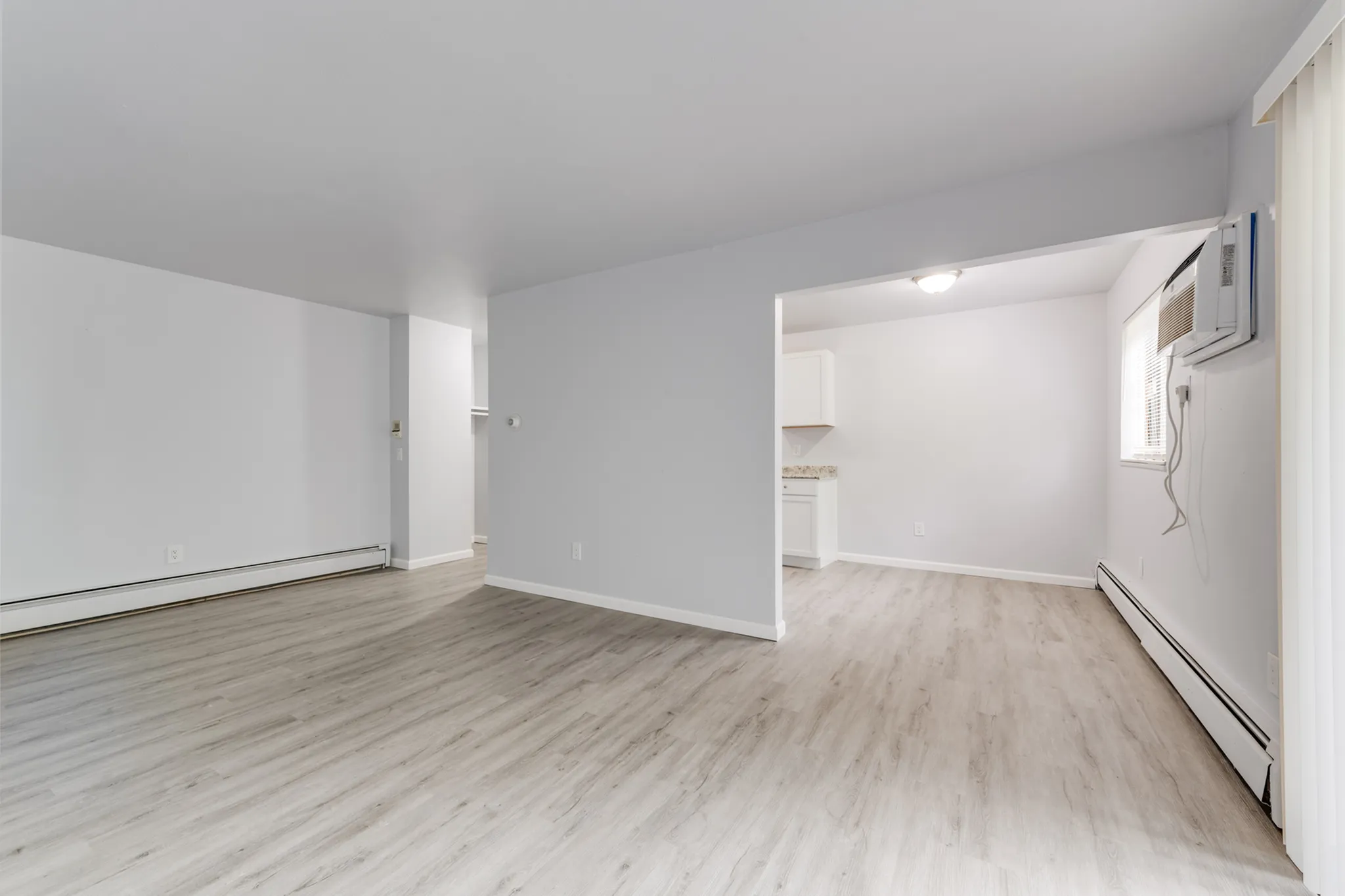 Inviting open-concept living area with light wood flooring and modern finishes, leading into a cozy kitchen space.