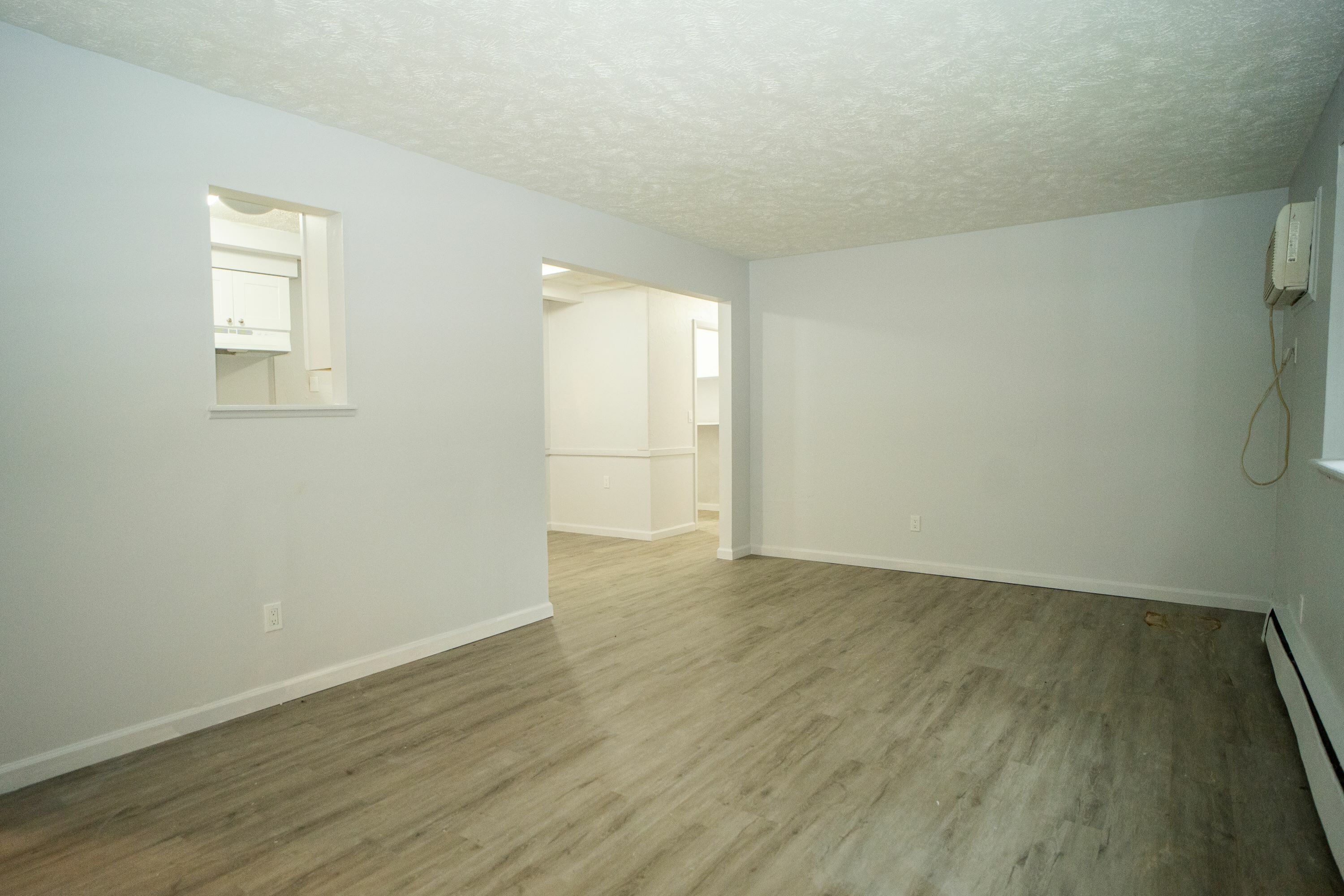Spacious modern living space with sleek laminate flooring and soft neutral walls, featuring an open pass-through to the kitchen for easy entertaining.