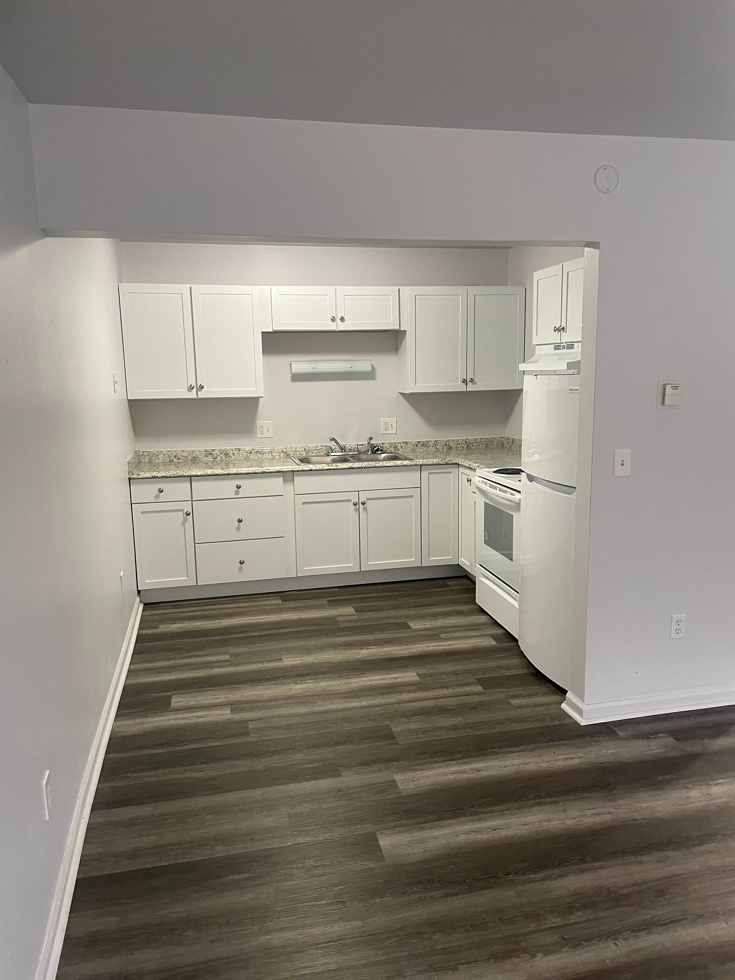 Bright modern kitchen with sleek white cabinets, granite countertops, and elegant wood flooring.