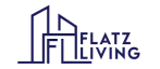 Modern Flatz Living logo with a sleek design, featuring stylized skyscraper lines and bold typography.