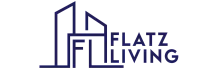 Modern Flatz Living logo featuring a sleek outline of buildings in elegant navy blue.