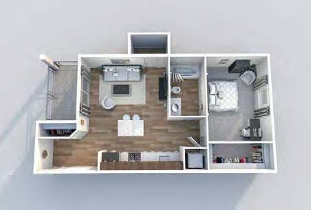 Modern 3D floor plan showcasing a chic apartment layout with a cozy bedroom, sleek kitchen, and inviting living area with stylish wood flooring.