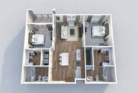 Modern 3D floor plan highlighting two cozy bedrooms, a stylish open living room, and a sleek kitchen with island seating. Perfect for comfortable living.